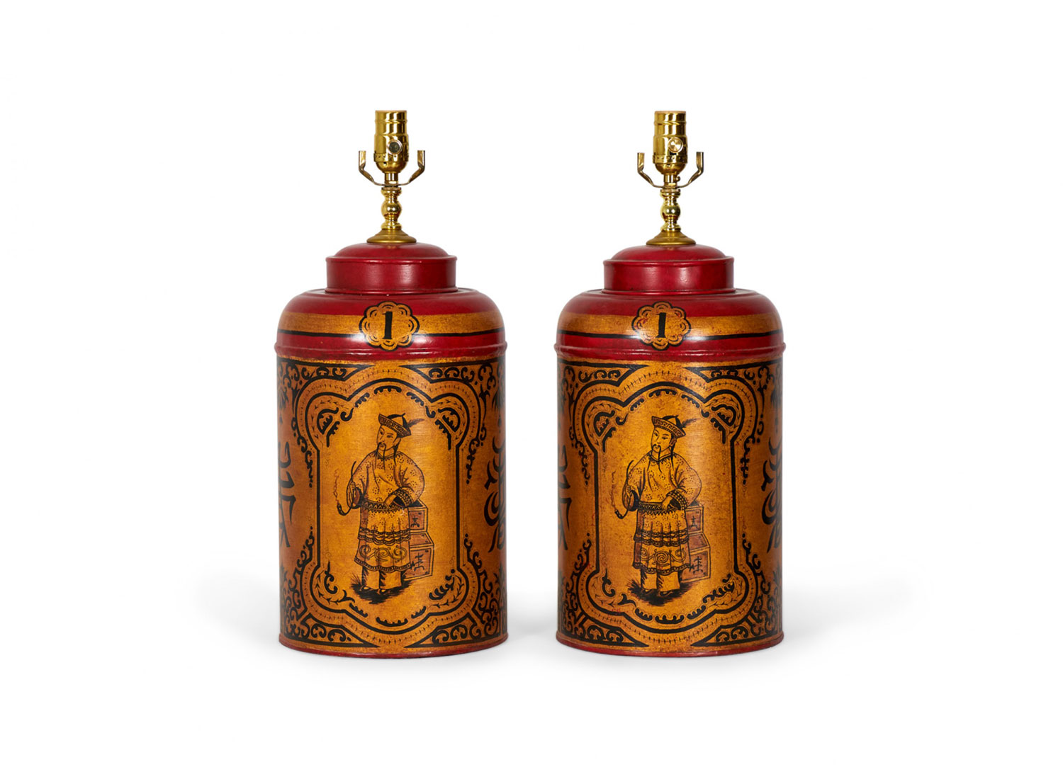 Pair of Vintage English Chinoiserie Red and Gold Hand Painted Tole Tea Caddy Table Lamps