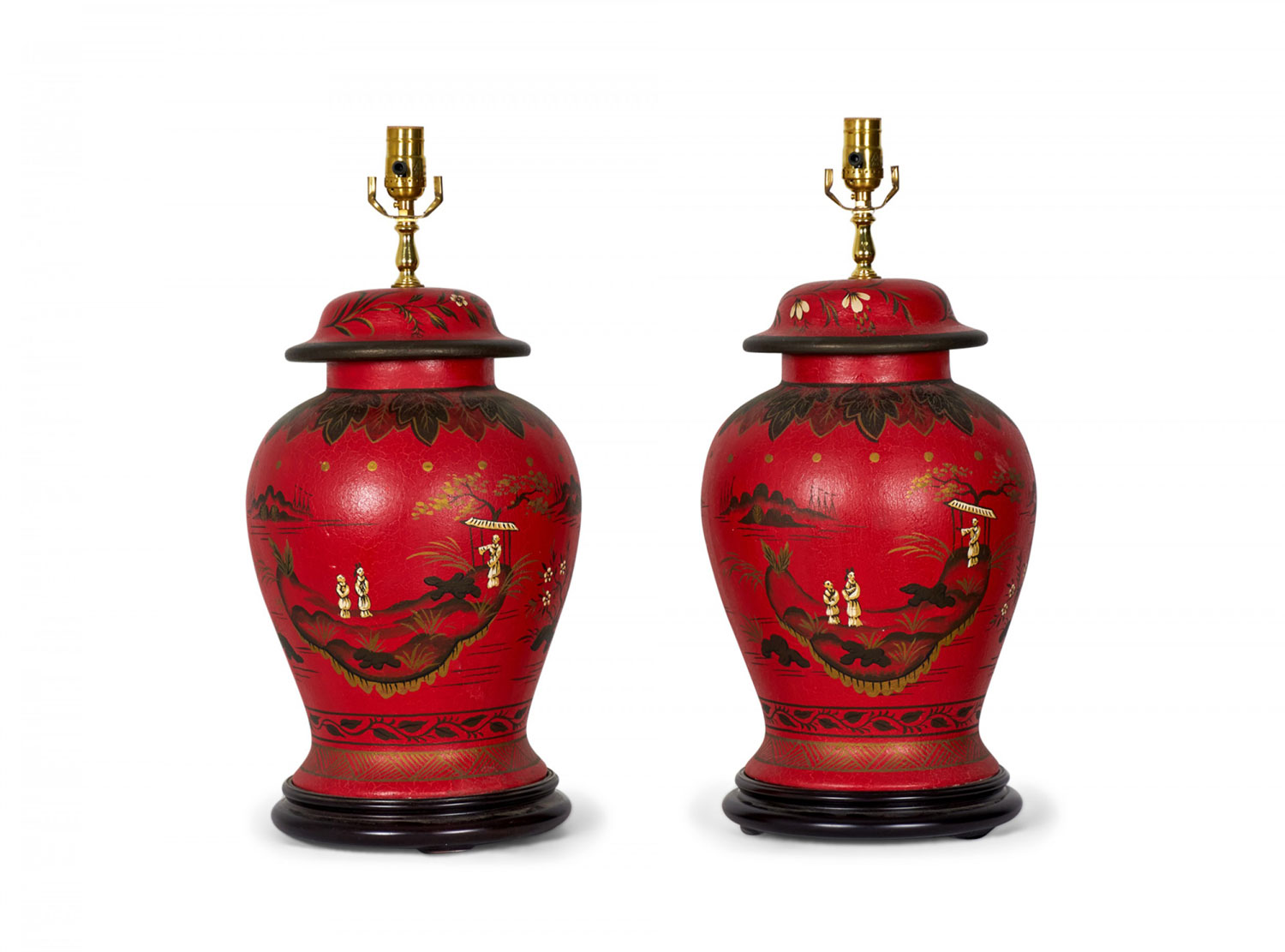Pair of Vintage Chinese Red and Gold Hand Painted Tole Ginger Jar Table Lamps