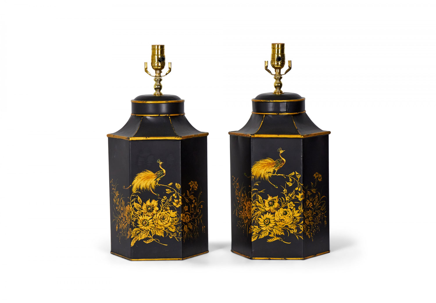 Pair of Vintage English Chinoiserie Black and Gold Hexagonal Hand Painted Tole Tea Caddy Table Lamps