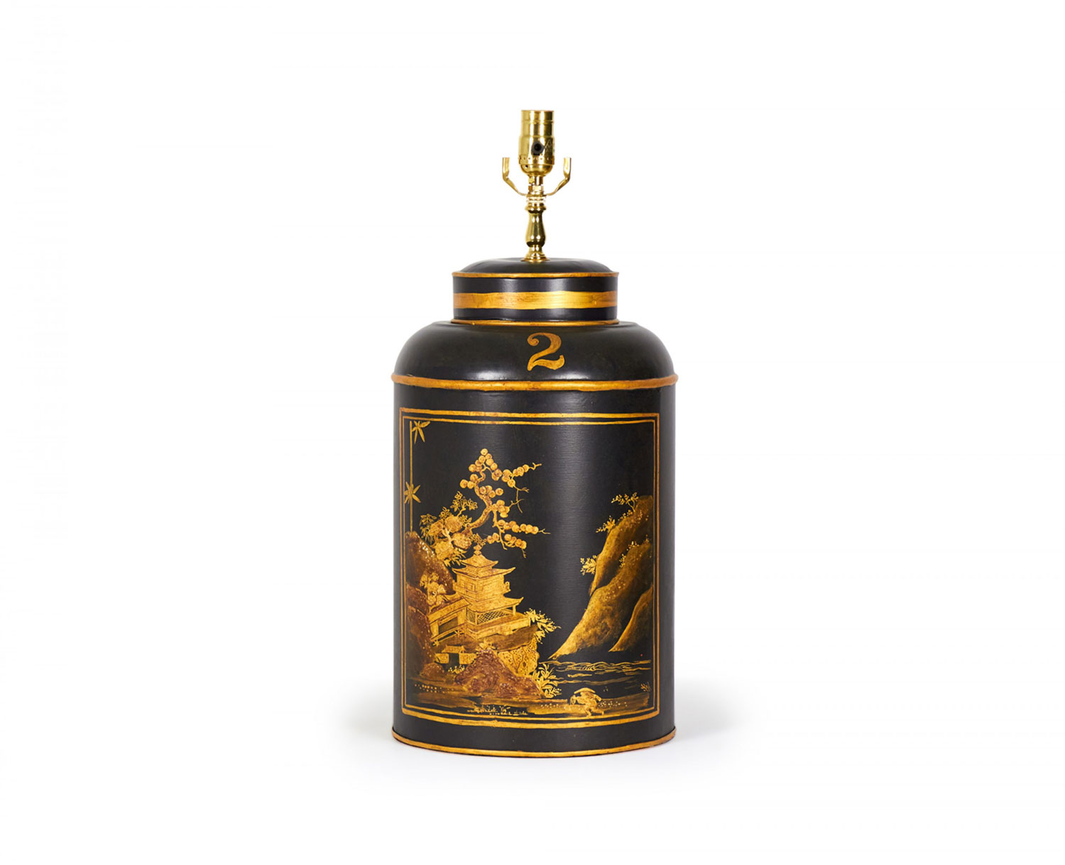 Vintage English Chinoiserie Black and Gold Landscape Hand Painted Tole Tea Caddyi Table Lamp
