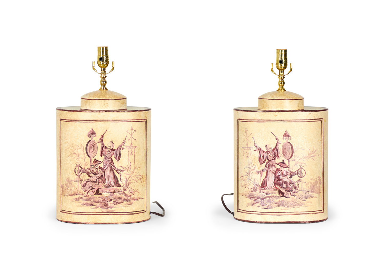 Pair of Vintage English Chinoiserie Beige and Pink Musician Design Hand Painted Tole Tea Caddy Table Lamps