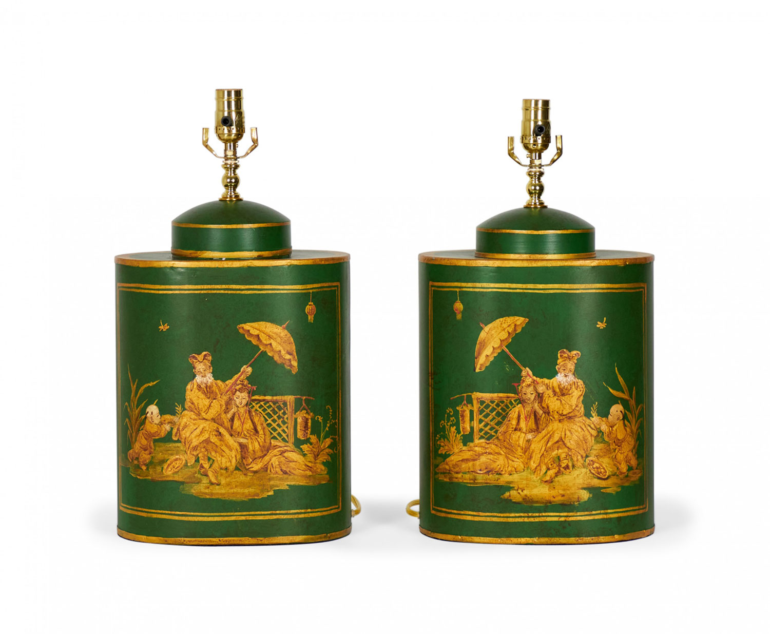 Pair of English Chinoiserie Green and Gold Genre Scene Hand Painted Tole Tea Caddy Table Lamps