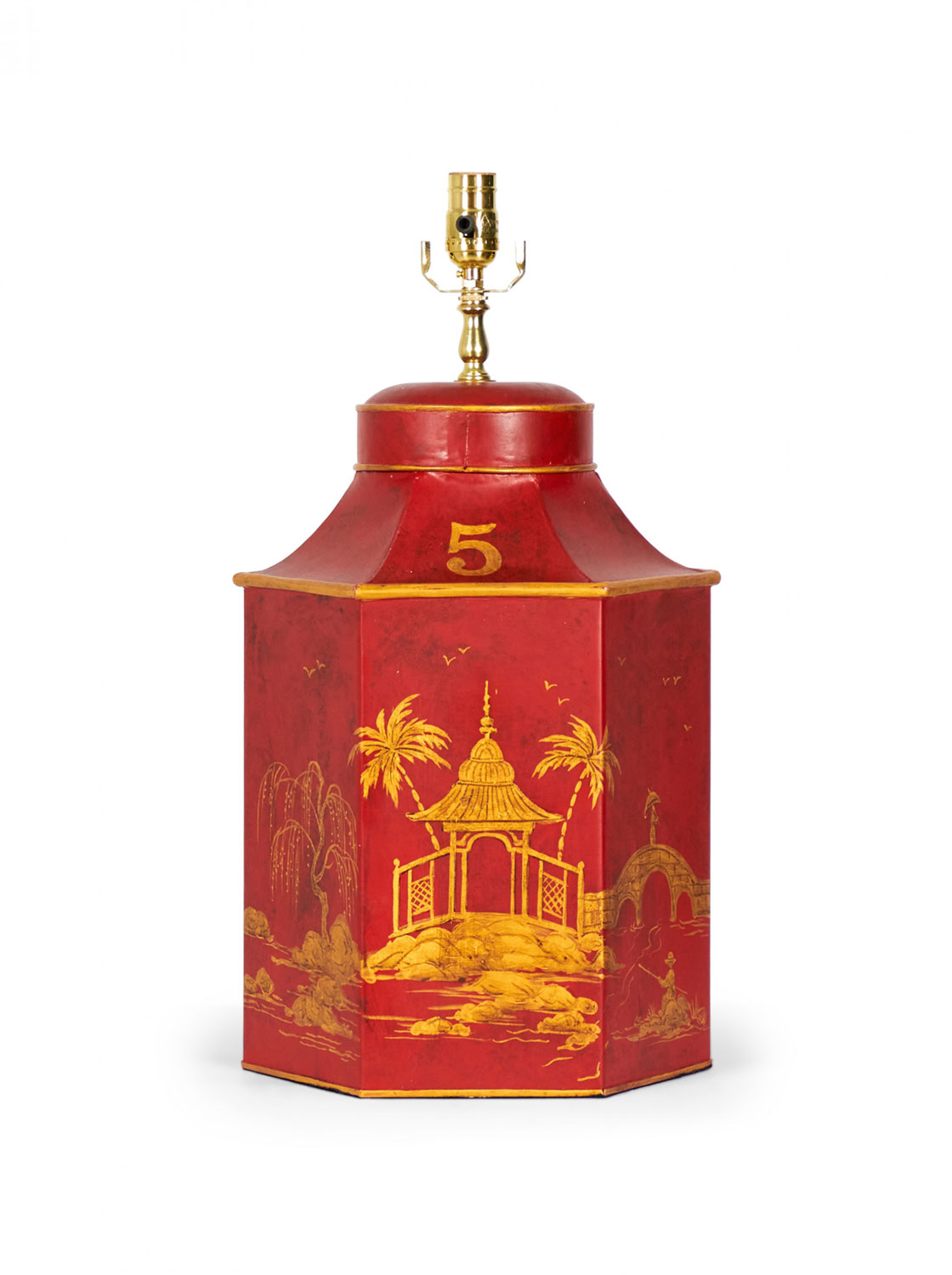 Vintage English Chinoiserie Red and Gold Hexagonal Hand Painted Tole Tea Caddy Table Lamp
