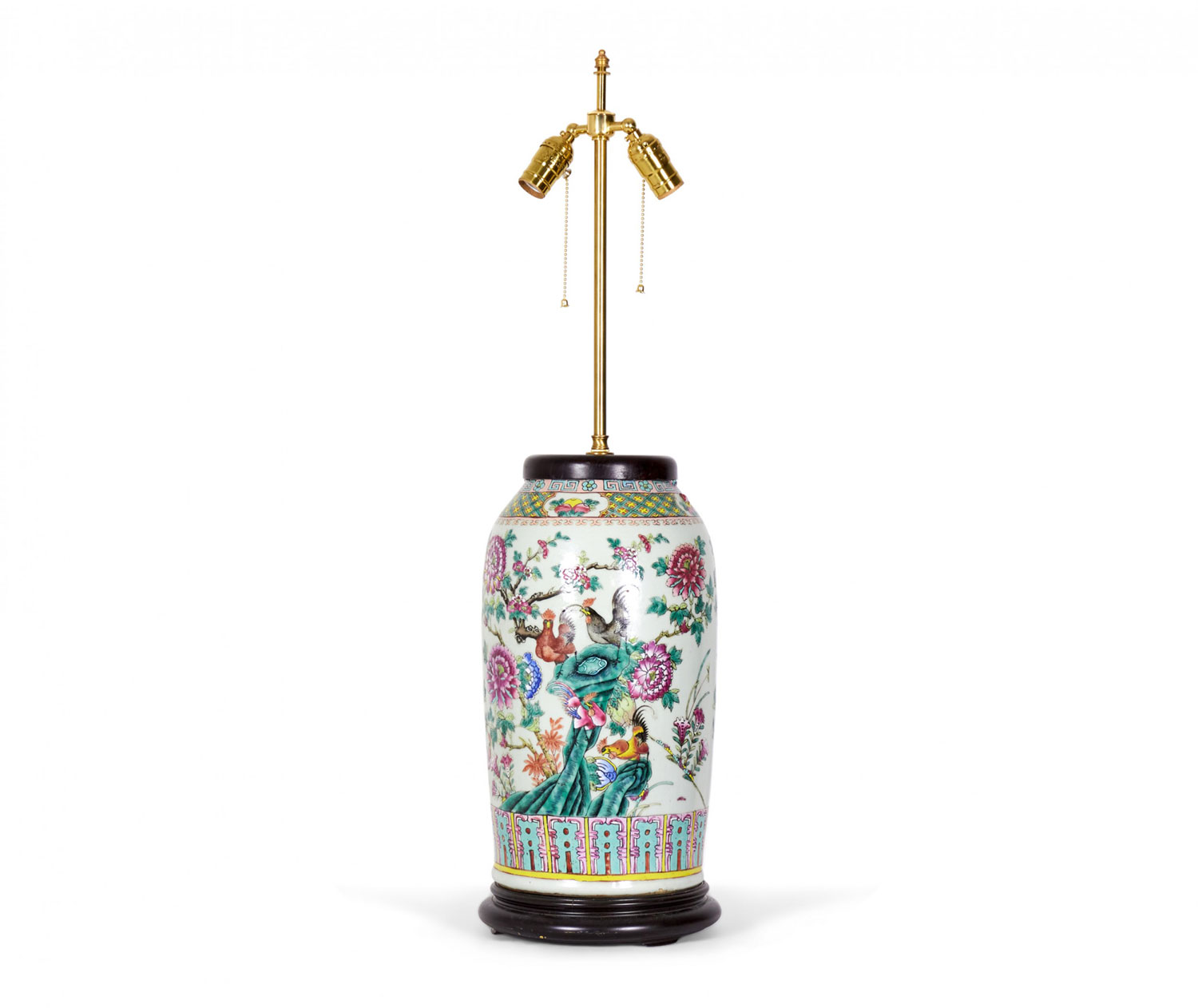 Antique Chinese Multi Colored Famille Rose and Bird Design Porcelain Vase Table Lamp