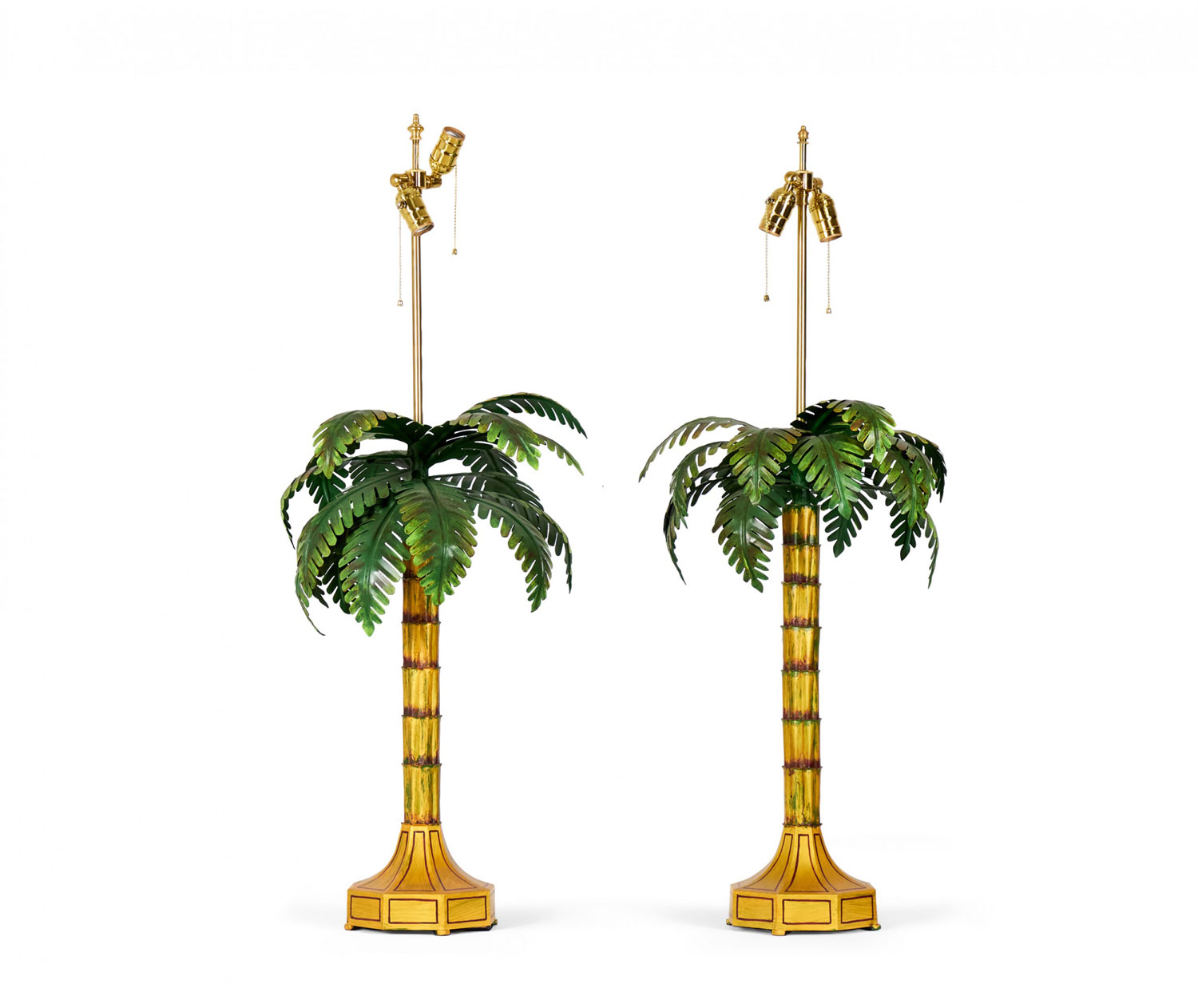 Pair of Vintage Chinese Yellow and Green Tole Palm Tree Table Lamps