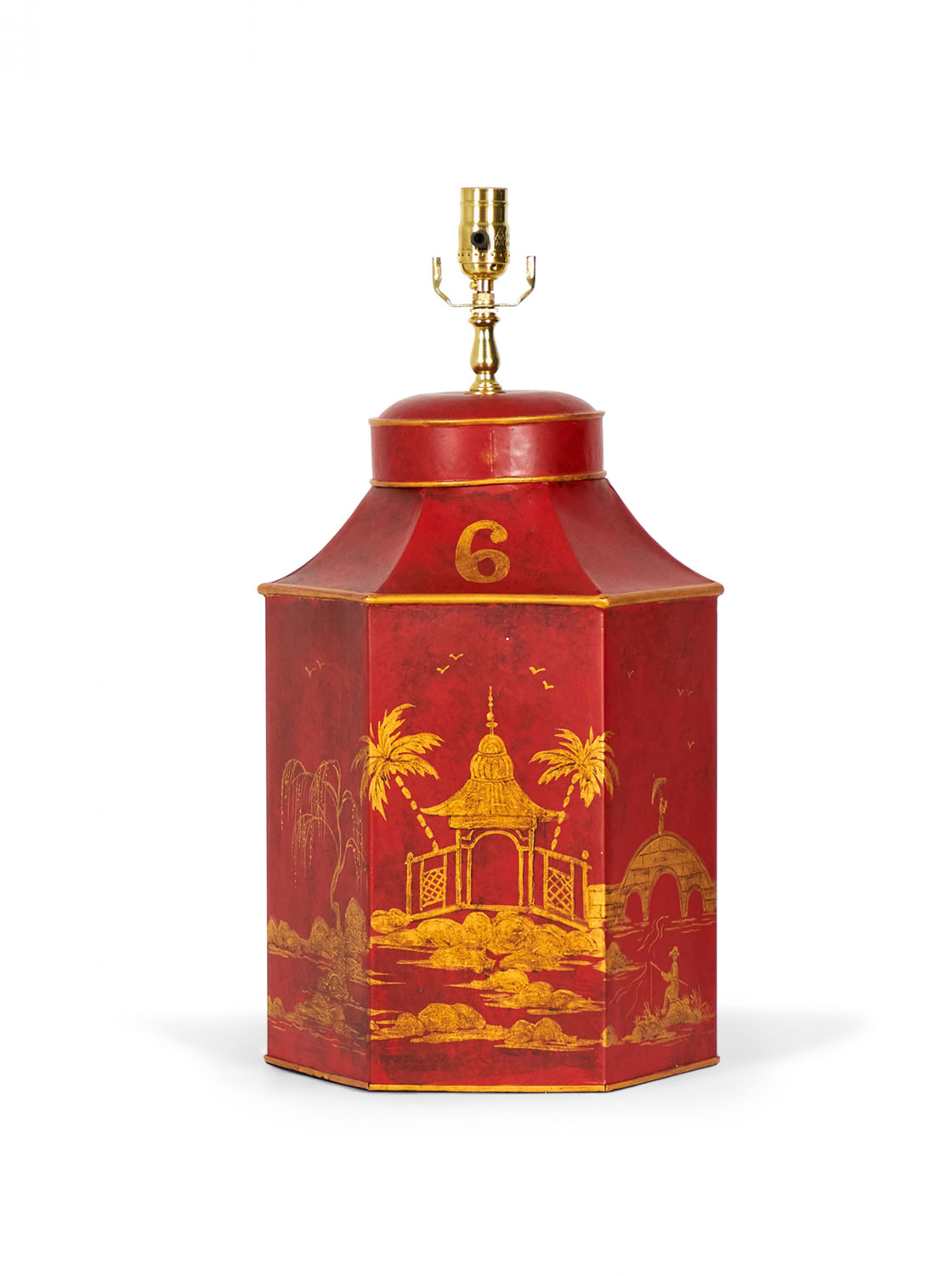Vintage English Chinoiserie Red and Gold Hexagonal Hand Painted Tole Tea Caddy Table Lamp 1