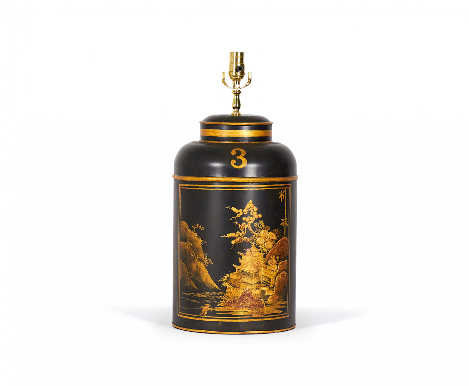Vintage English Chinoiserie Black and Gold Landscape Hand Painted Tole Tea Caddyi Table Lamp 1