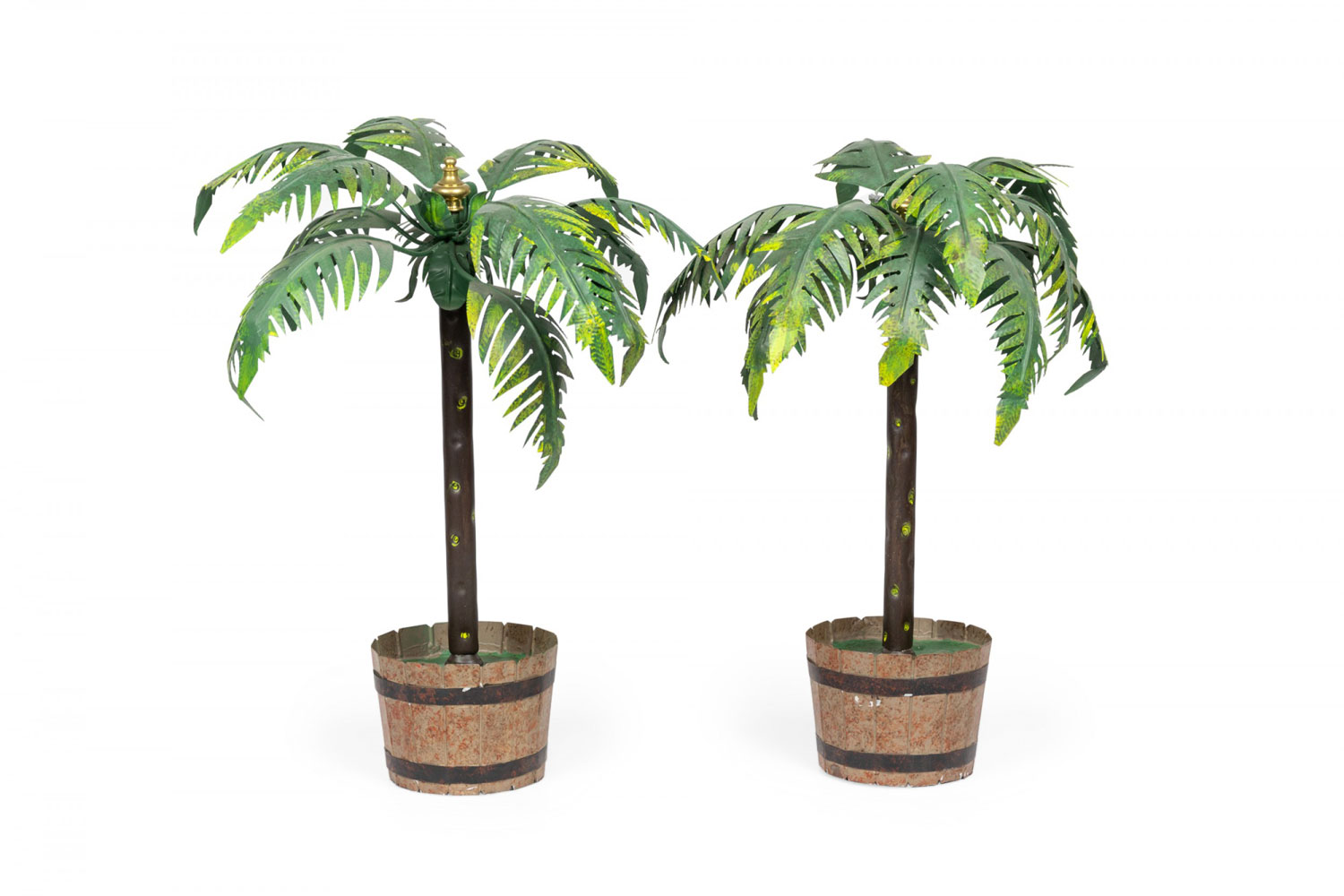 Pair of Vintage Asian Green and Gold Tole Bonsai Palm Tree Sculptures