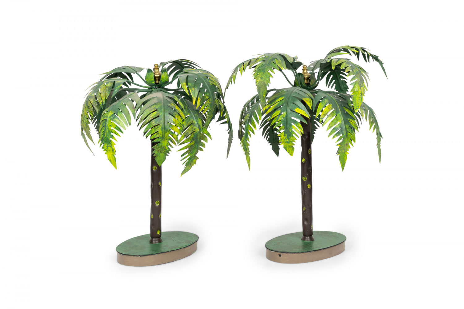 Pair of Vintage Asian Green Tole Bonsai Palm tree Sculptures
