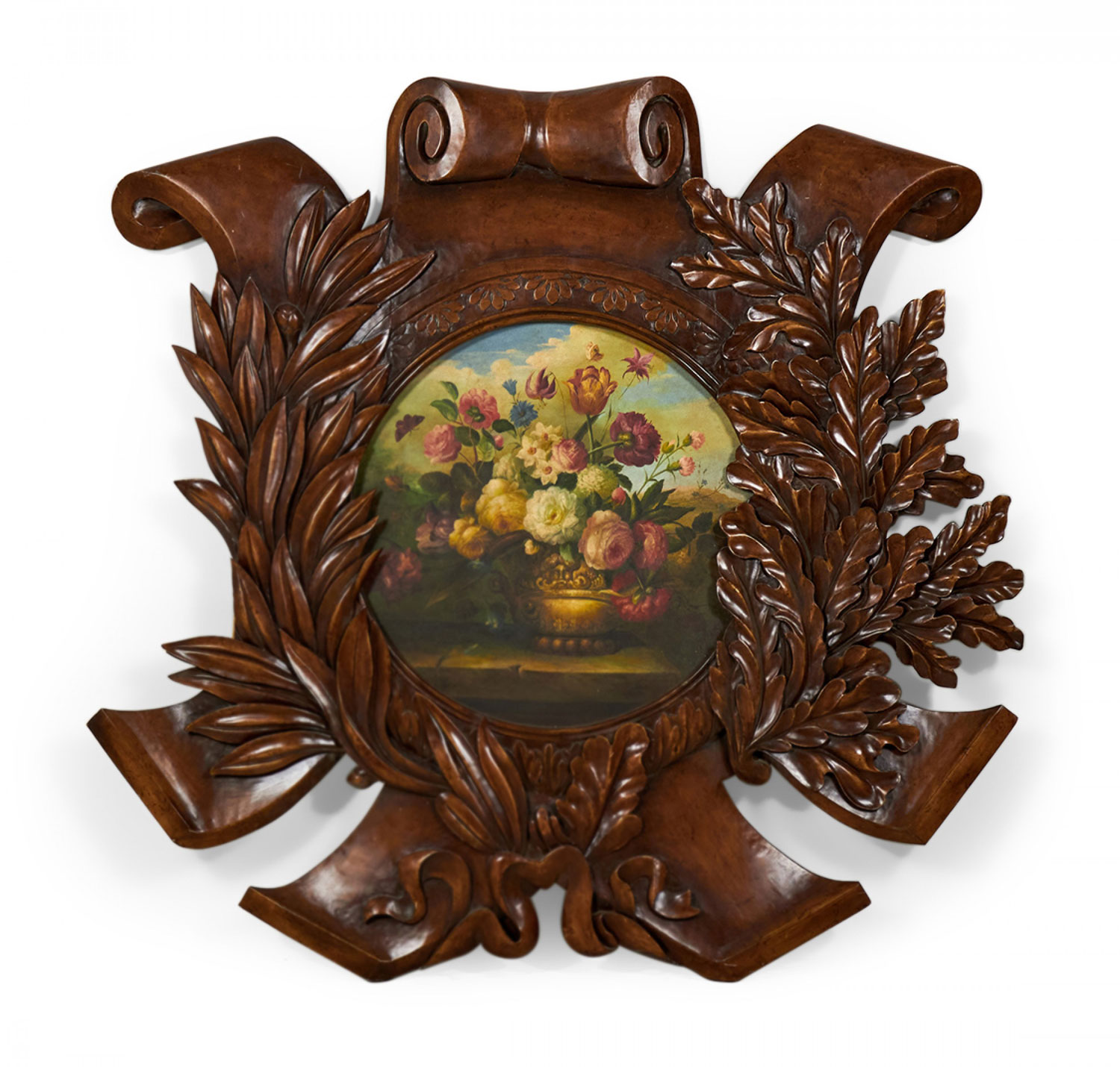 Carved Wooden Wall Plaque withi Painted Floral Still Life Center