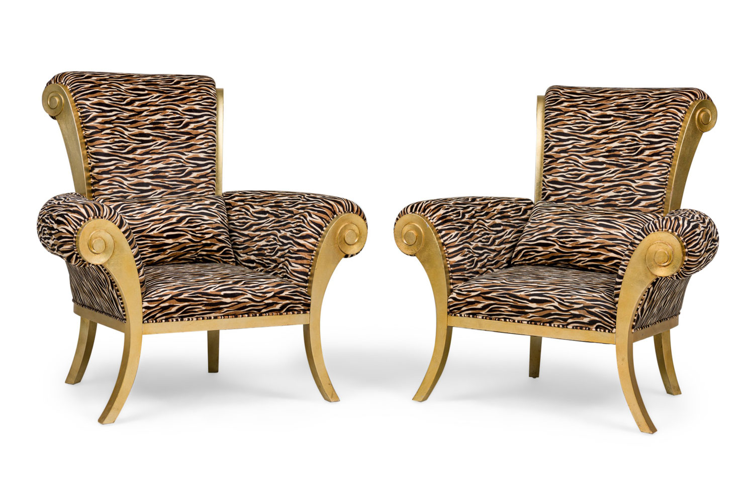 Pair of  mid century zebra print large curled arm chairs 