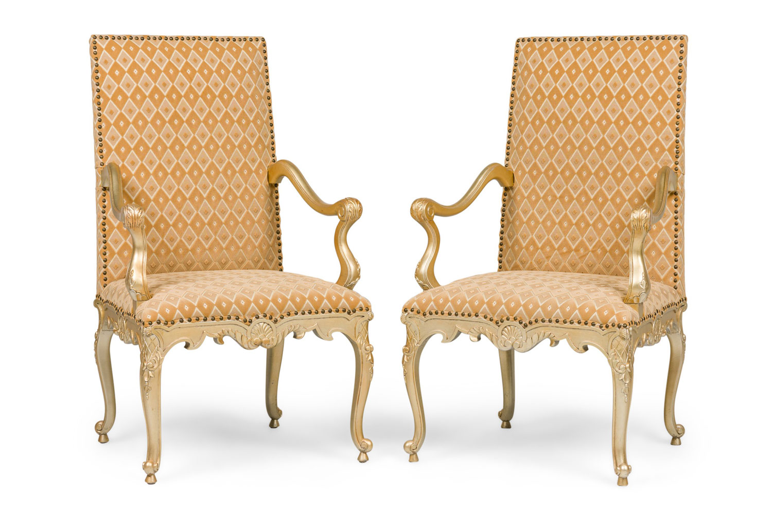 Pair of english georgian carved armchairs with geometric design fabric 