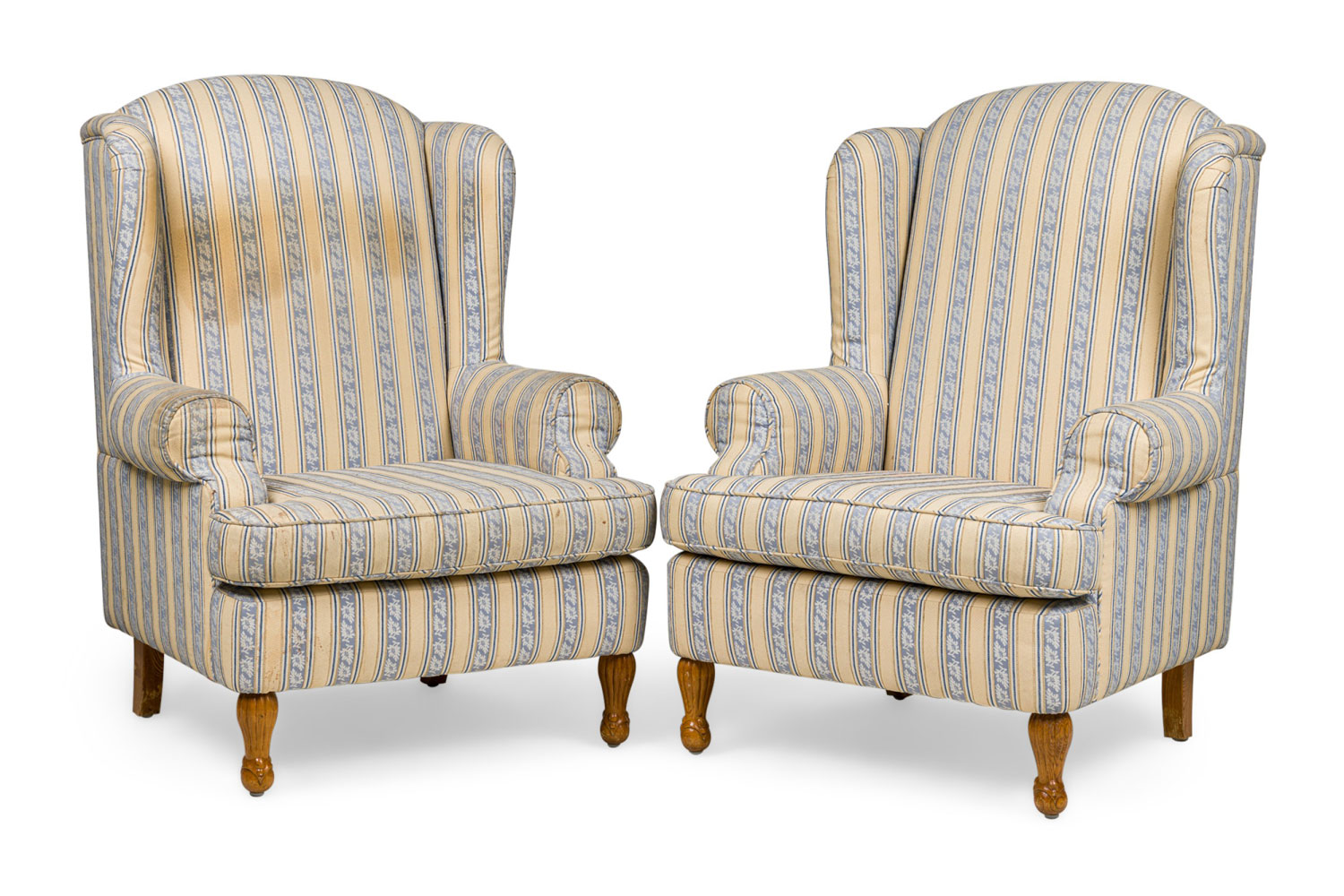 Pair of english queen anne blue and off white striped wing back chairs