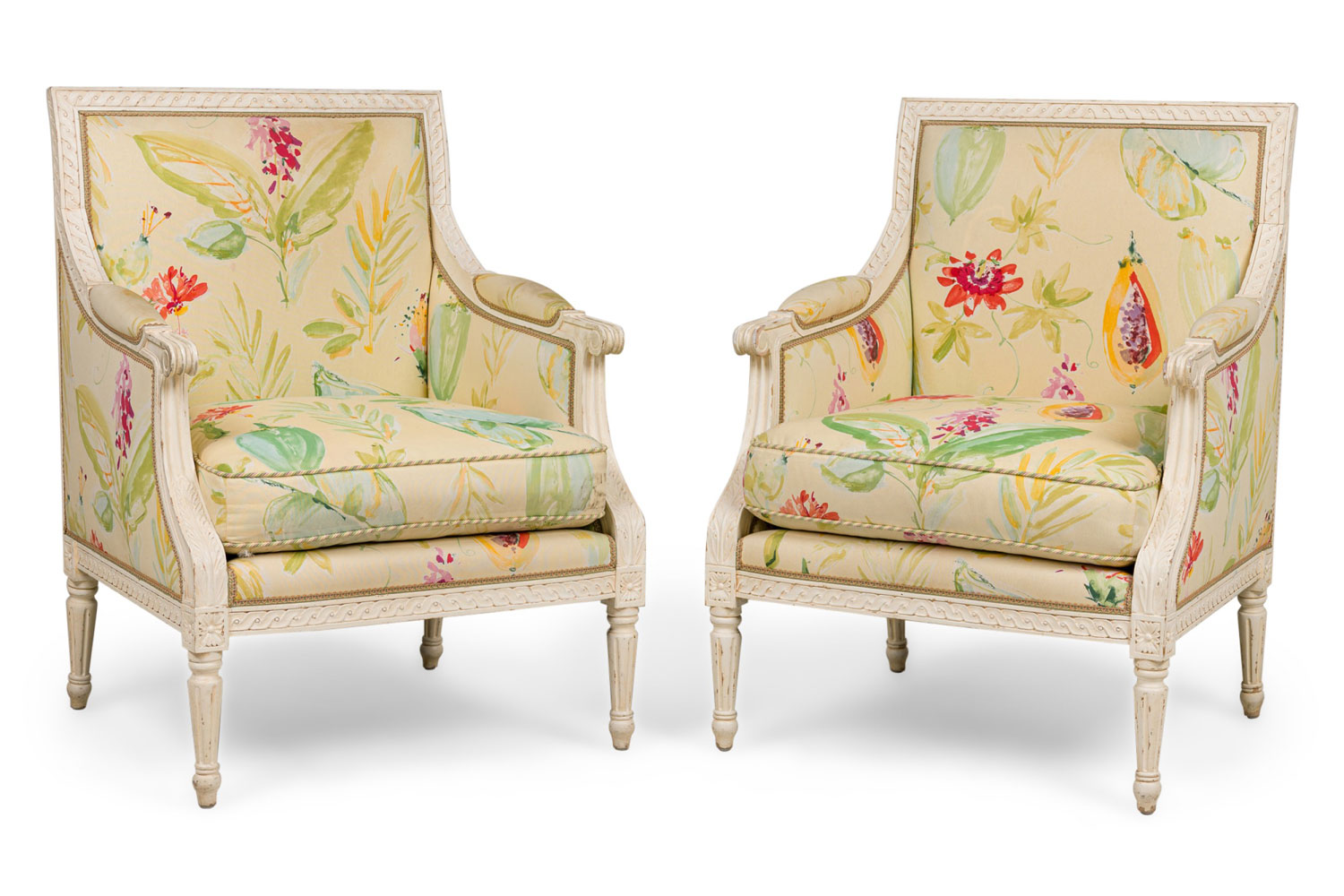 Pair of french louis xvi floral upholstered bergere armchairs 