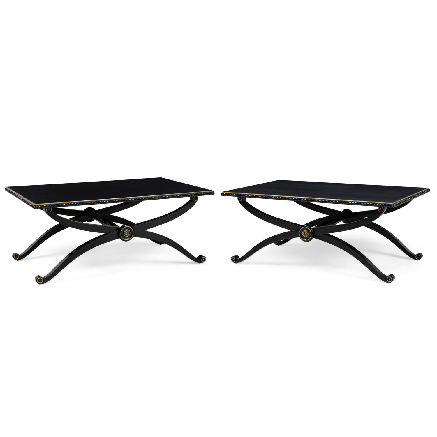 Pair of french mid century black lacquer transitional x base cocktail table 