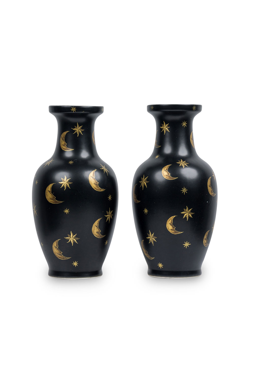 Pair of american mid century black hand painted gold star and moon vase 