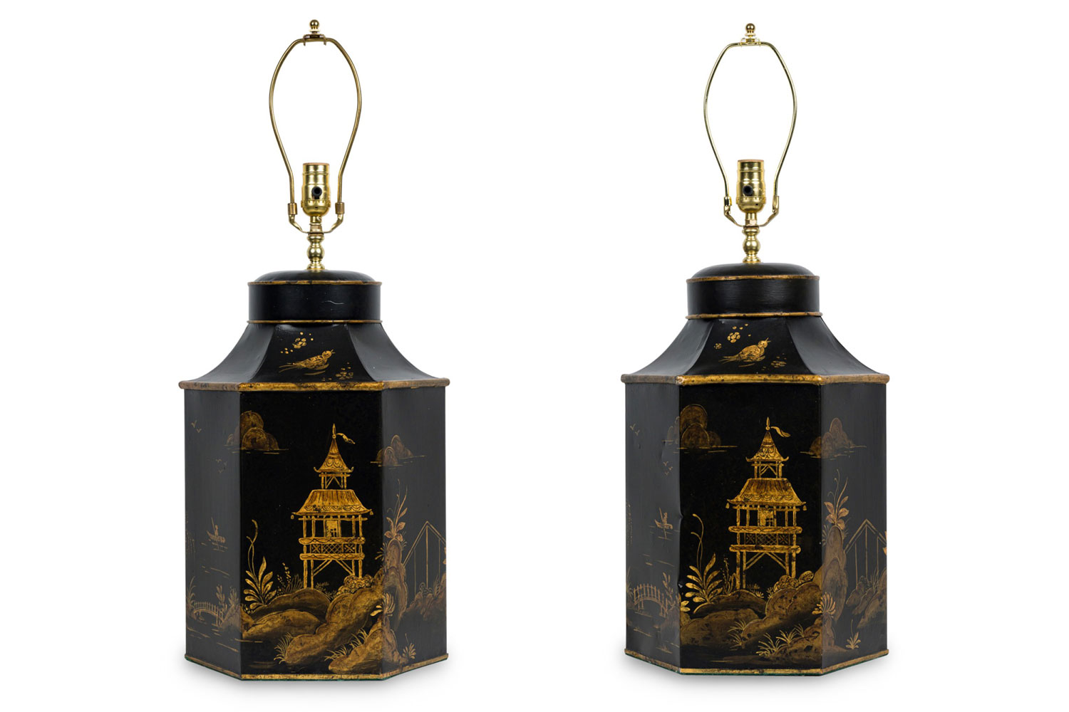 Pair of english regency chinoiserie style black and gold hexagonal table lamp 