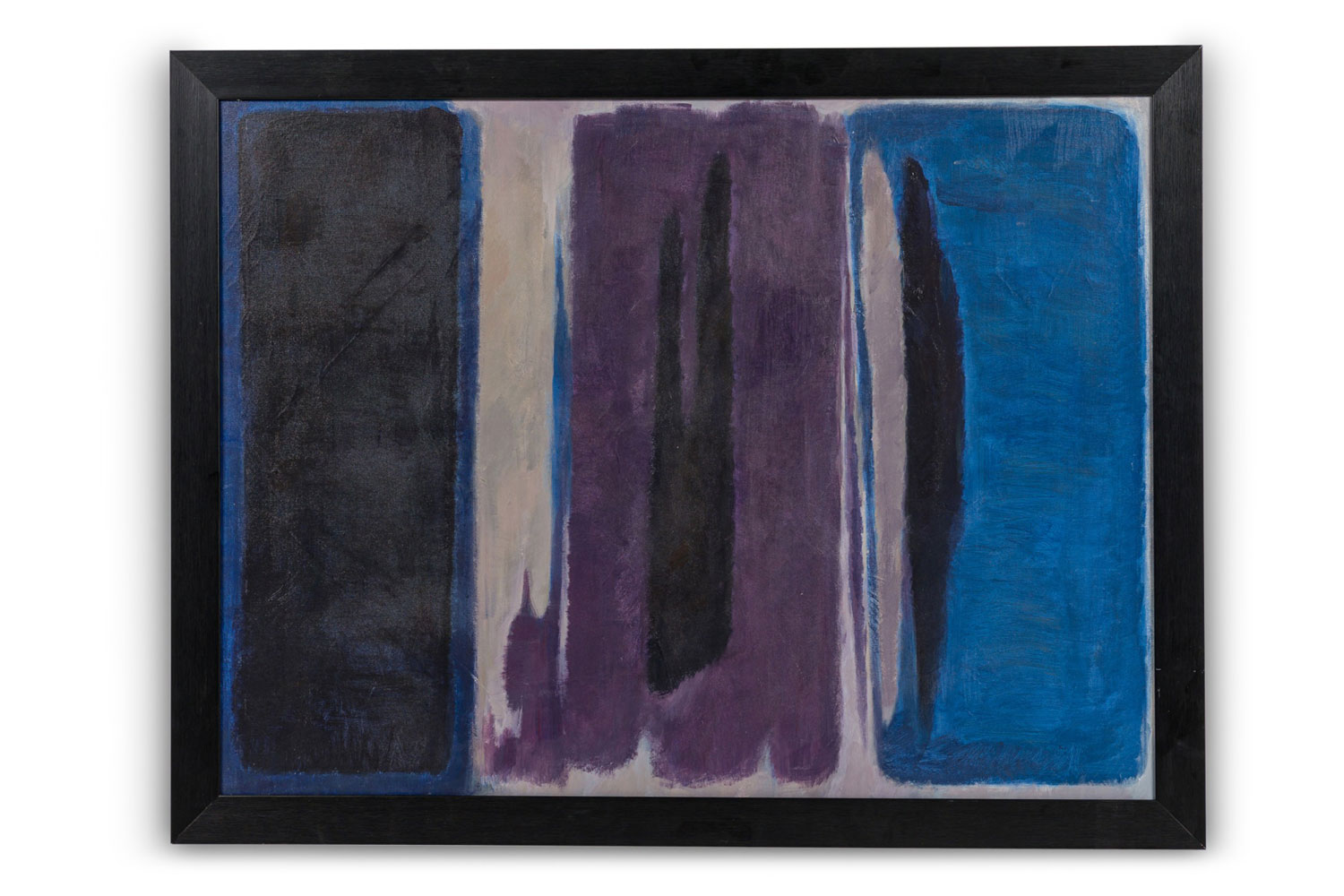 American contemporary black blue and purple framed abstract on canvas 