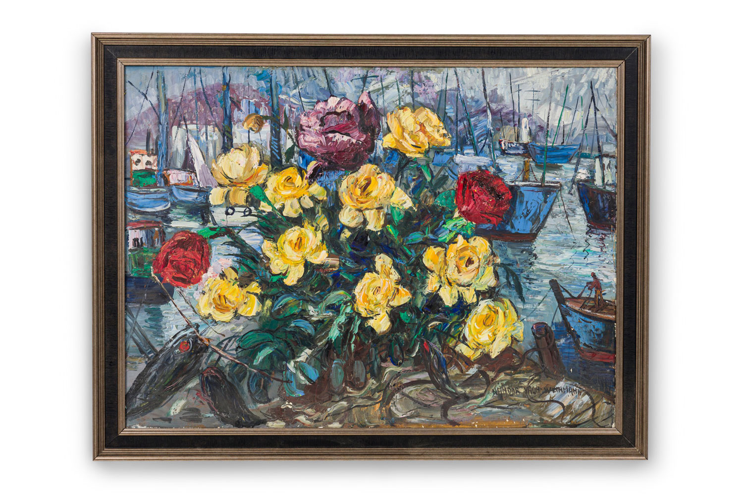 Maurice wague weyman french mid century oil painting on canvas titled flowers by the sea 