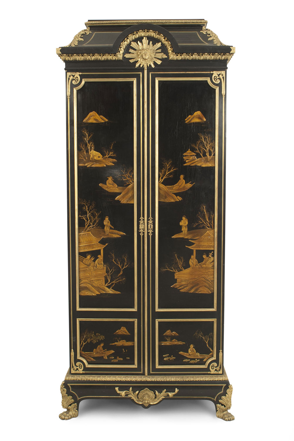 French victorian black lacquered Chinoiserie armoire A