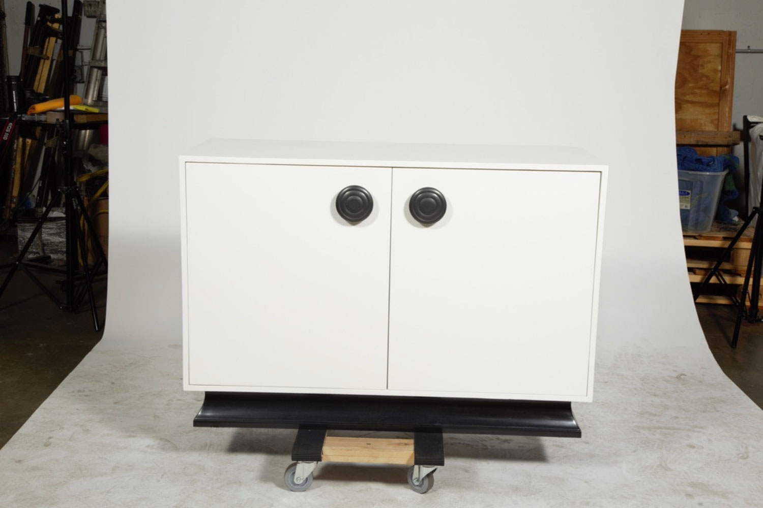 Pair of american contemporary white lacquered two door cabinets 