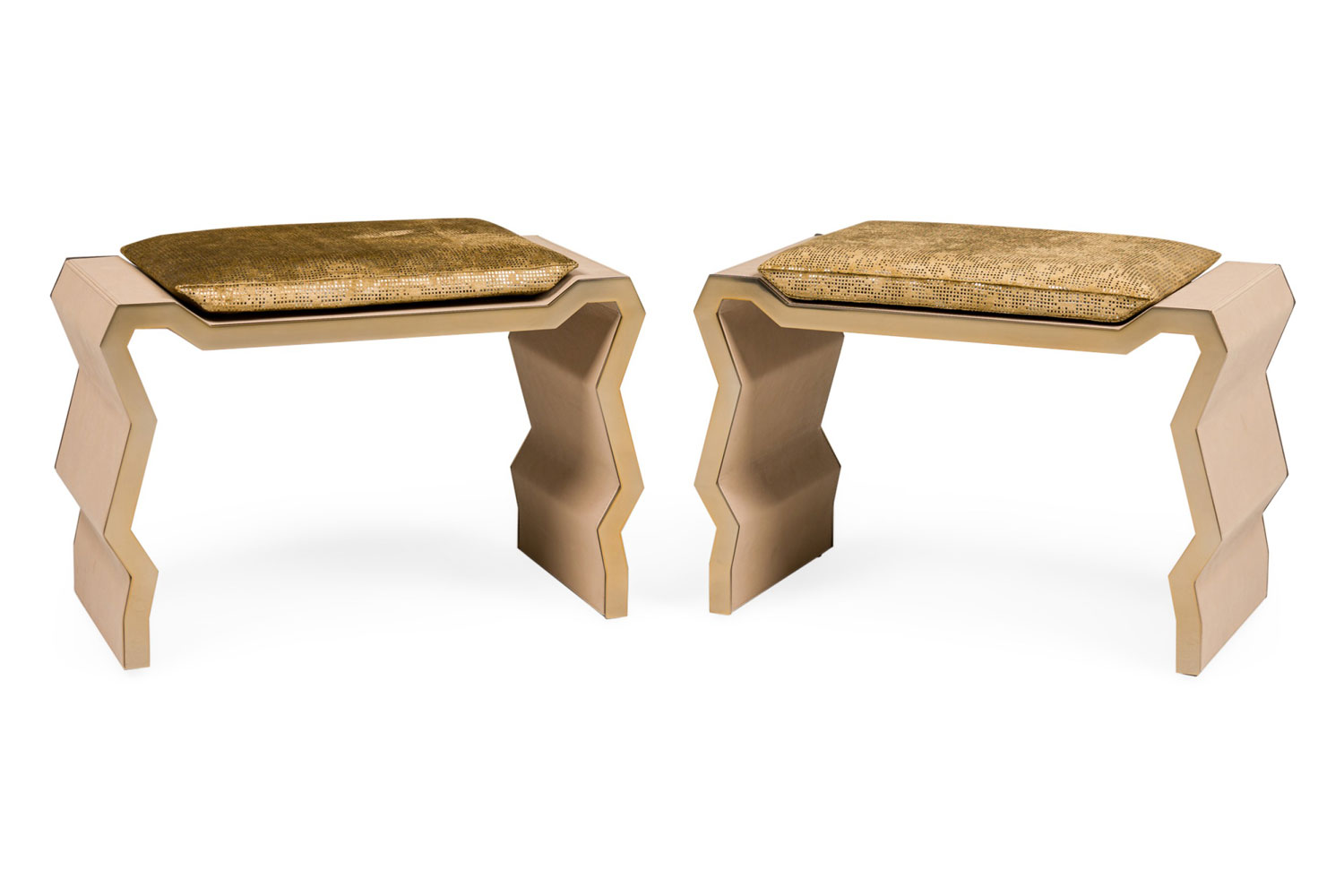 Pair of italian mid century leather and brass footstool with cushion