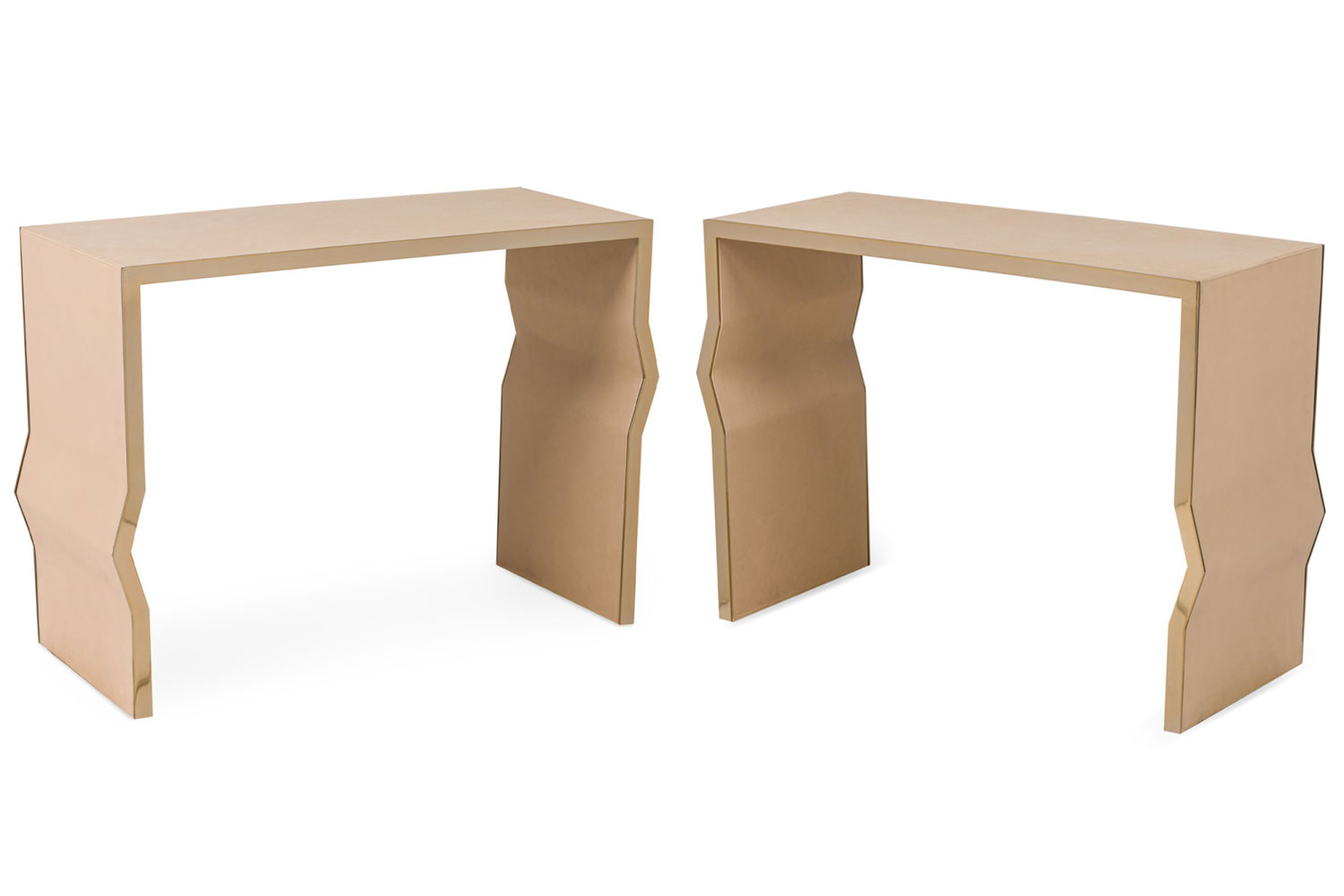 Pair of italian contemporary leather and glass console tables