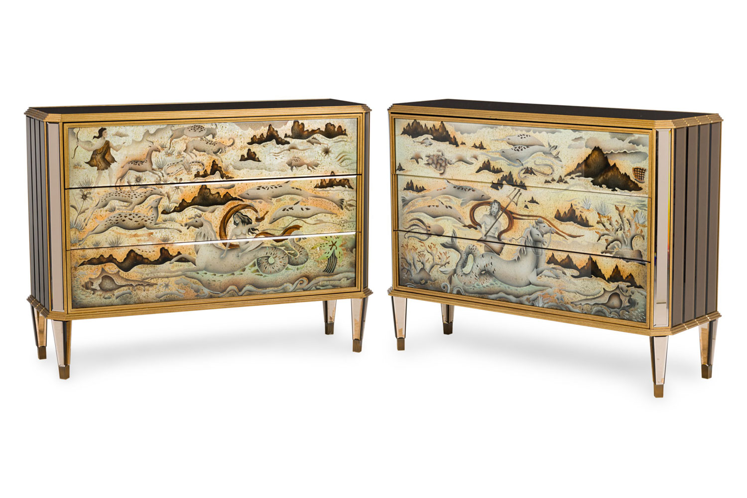 Pair of french contemporary poseidon and diana hand painted commodes