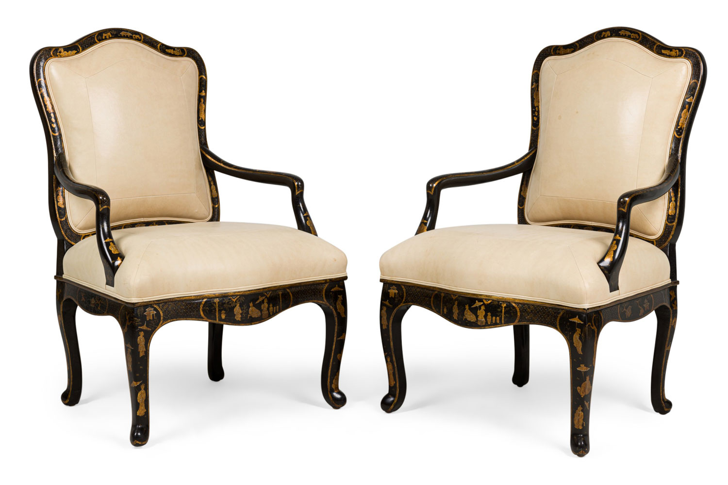 Pair of english regency chinoiserie black armchairs