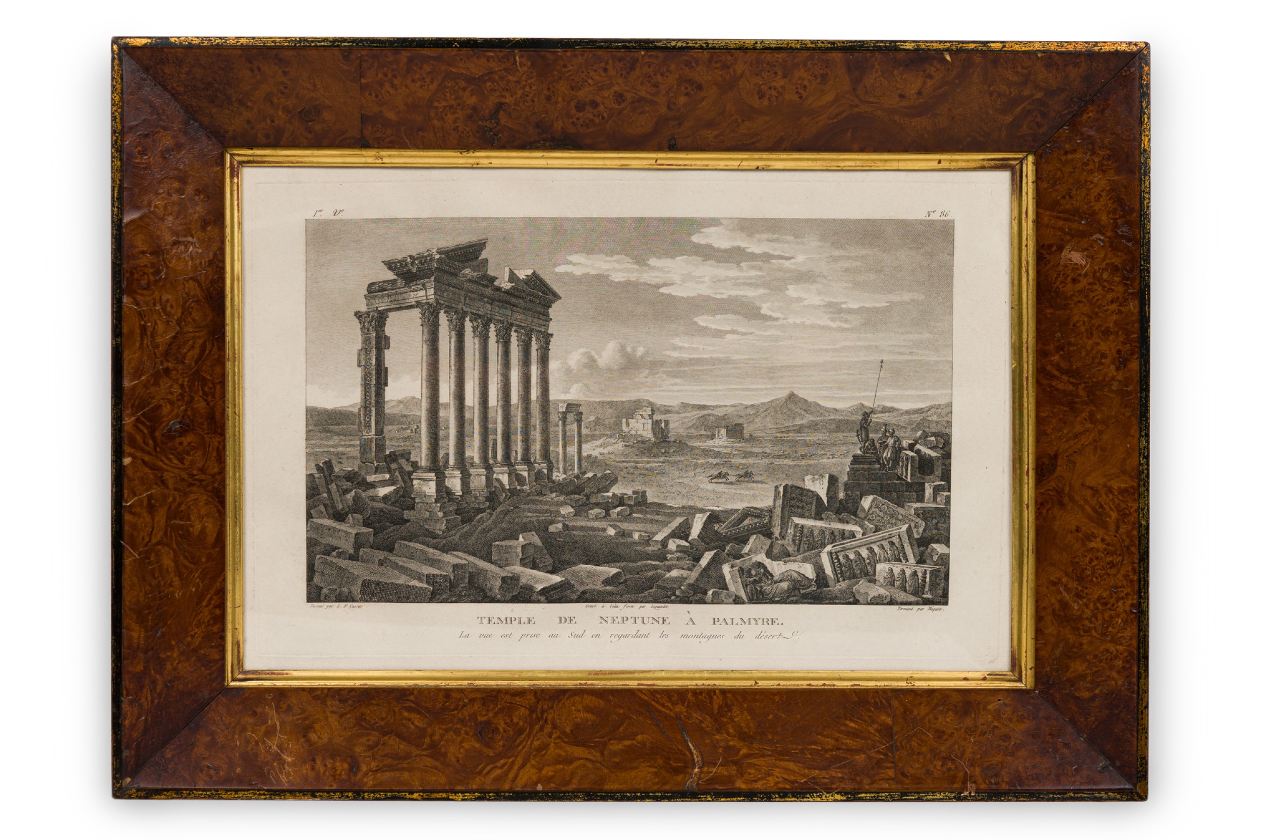 Framed french neoclassical lithograph of temple of neptune d