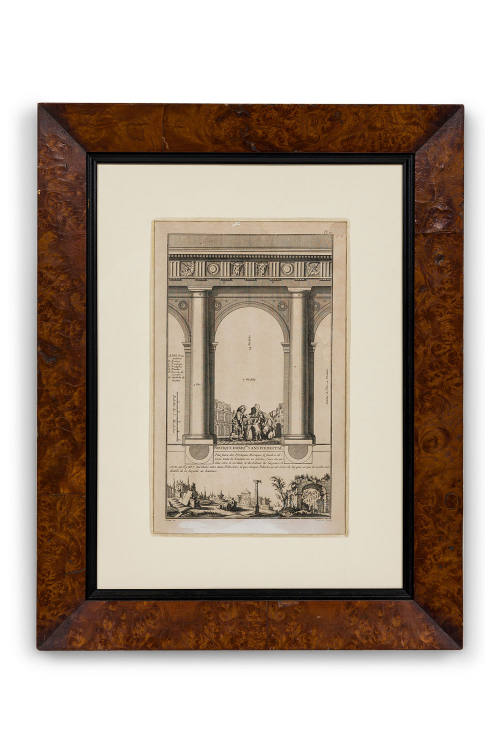 Framed italian neo classic engravings of pedestals on an archway with genre scene