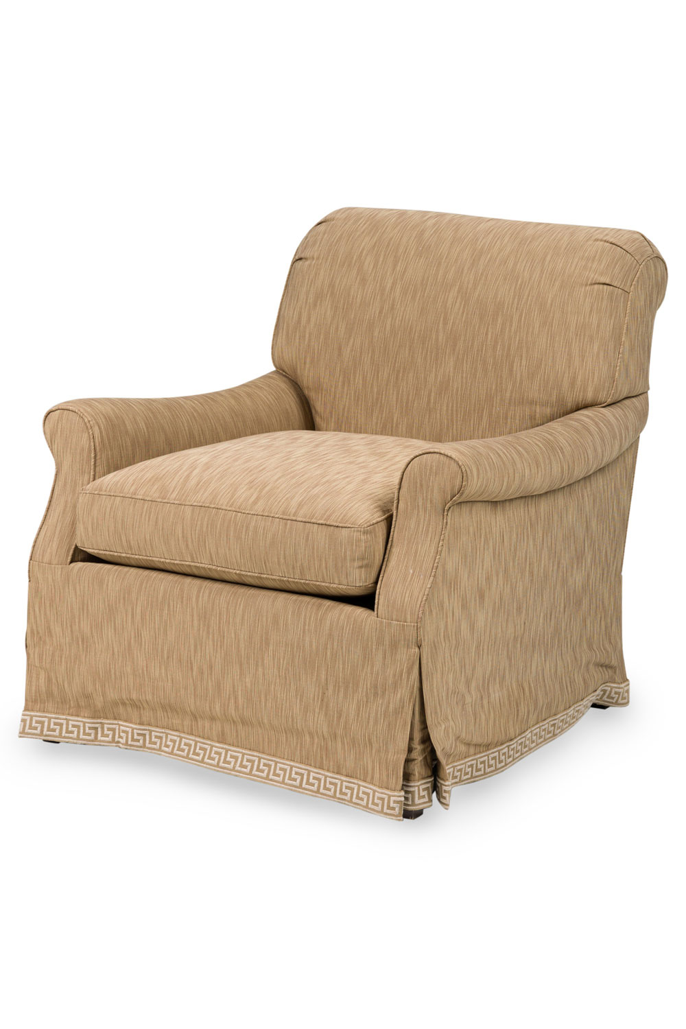 American mid century beige round back armchair