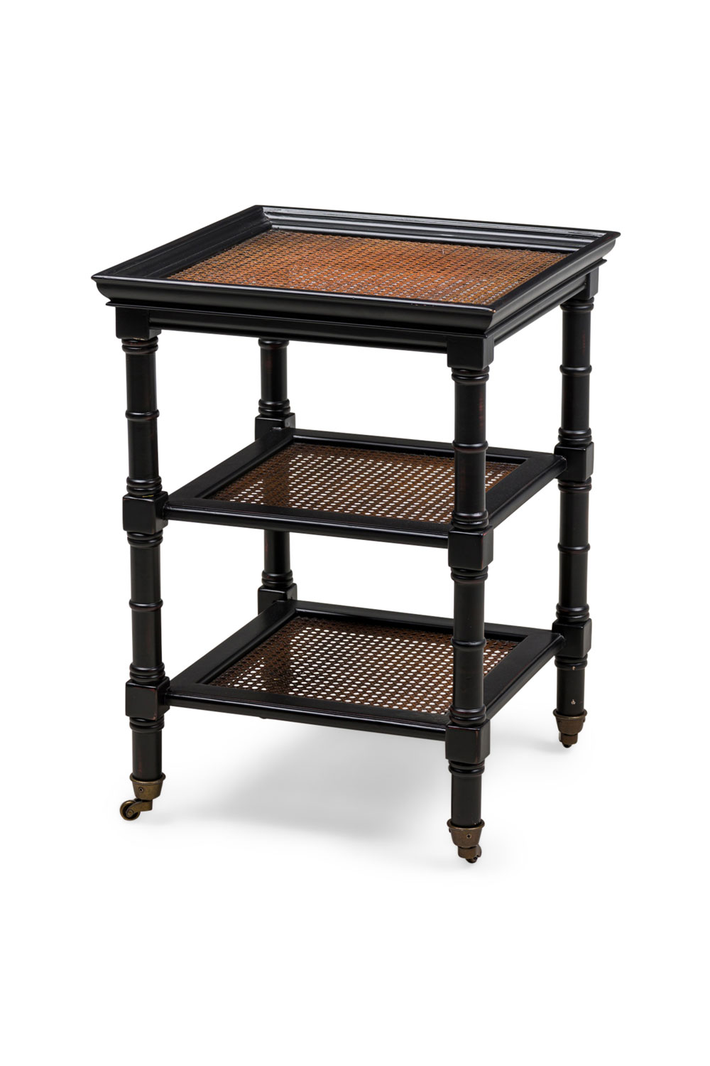 American mid century black and cane three tier table