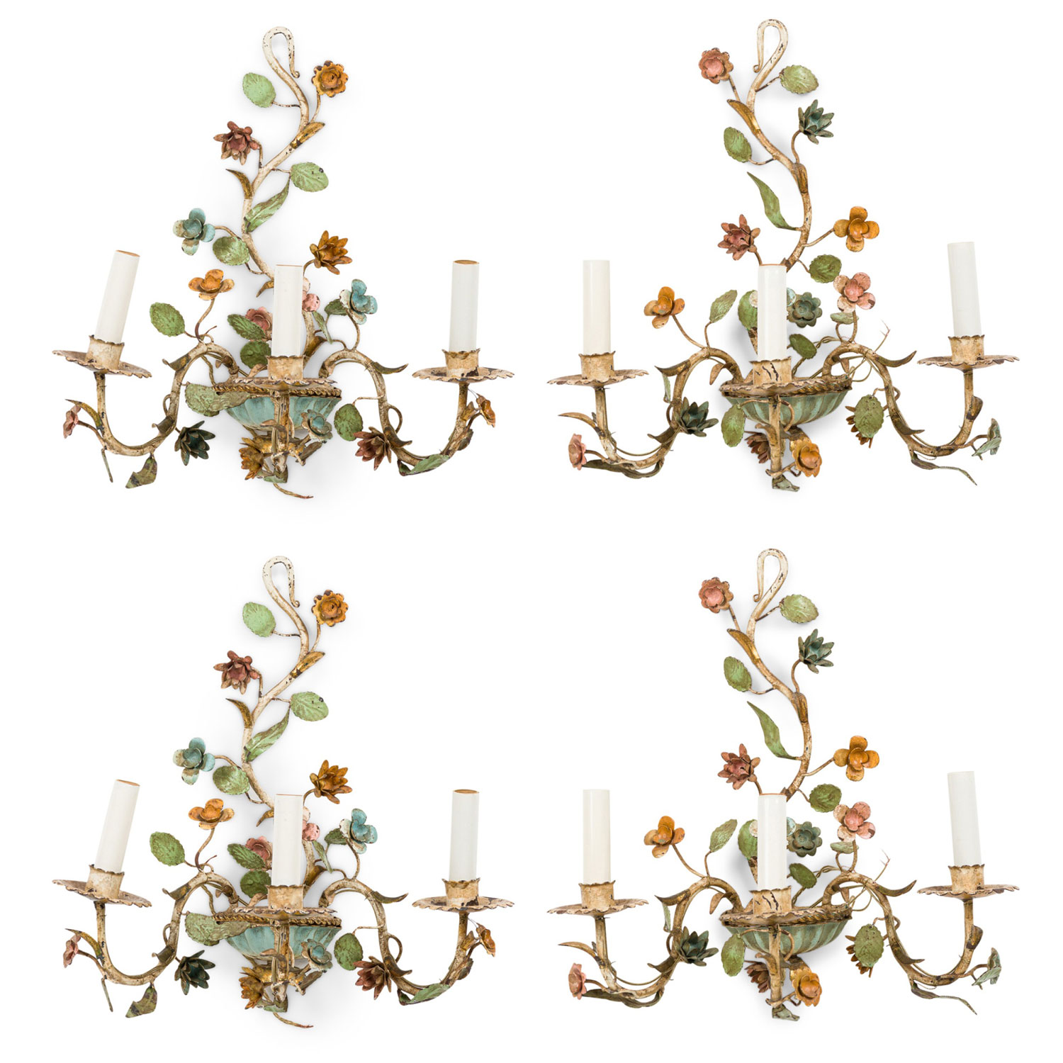 Set of 4 italian mid century 3 armed tole flower wall sconce 