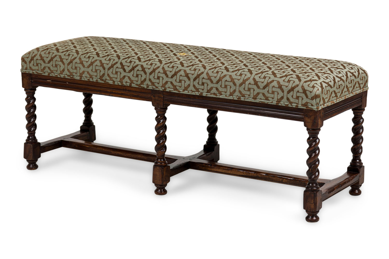 English gothic upholstered spiral leg bench 