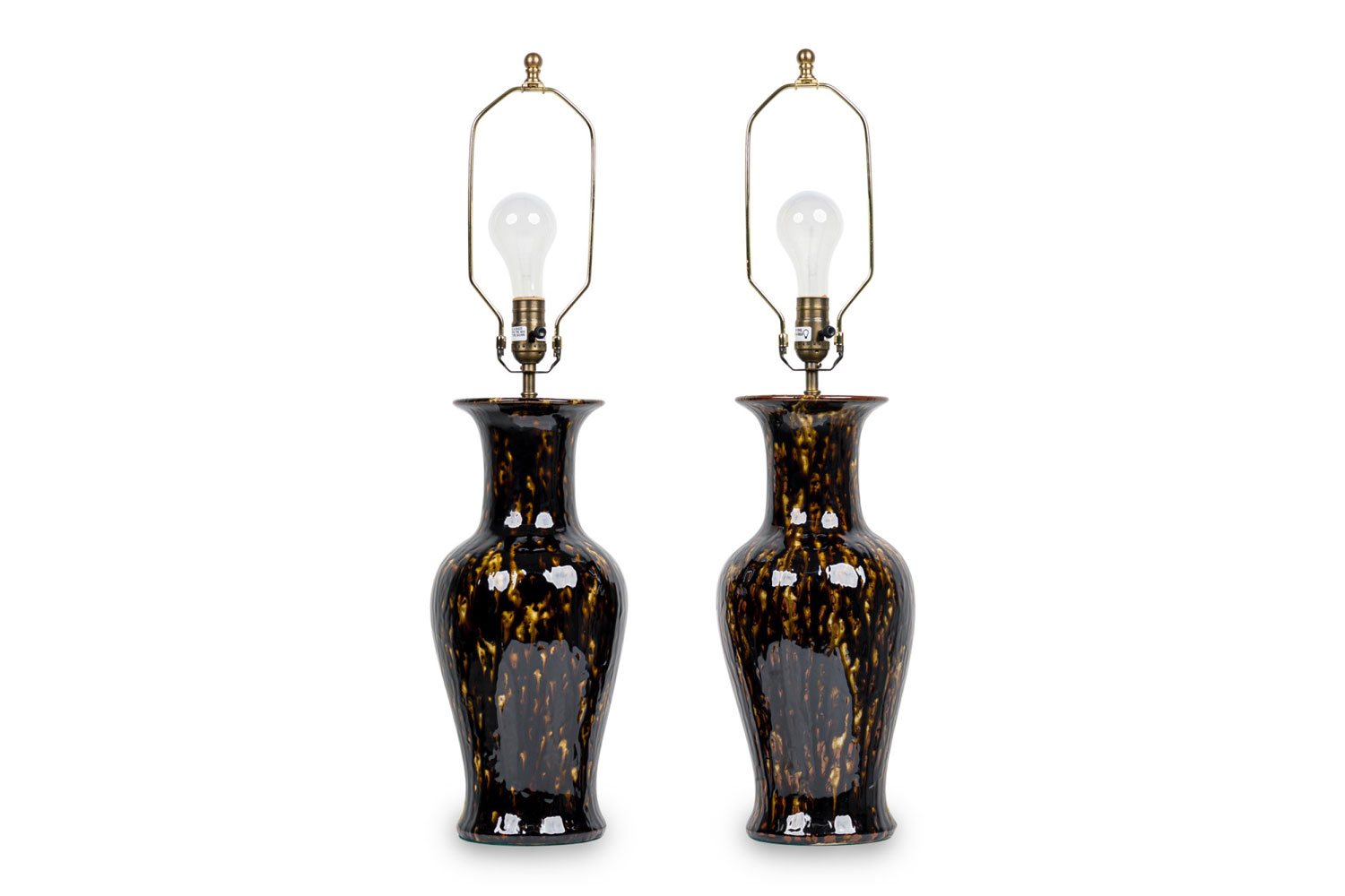 Pair of french contemporary shiny ceramic tortoise shell table lamps 