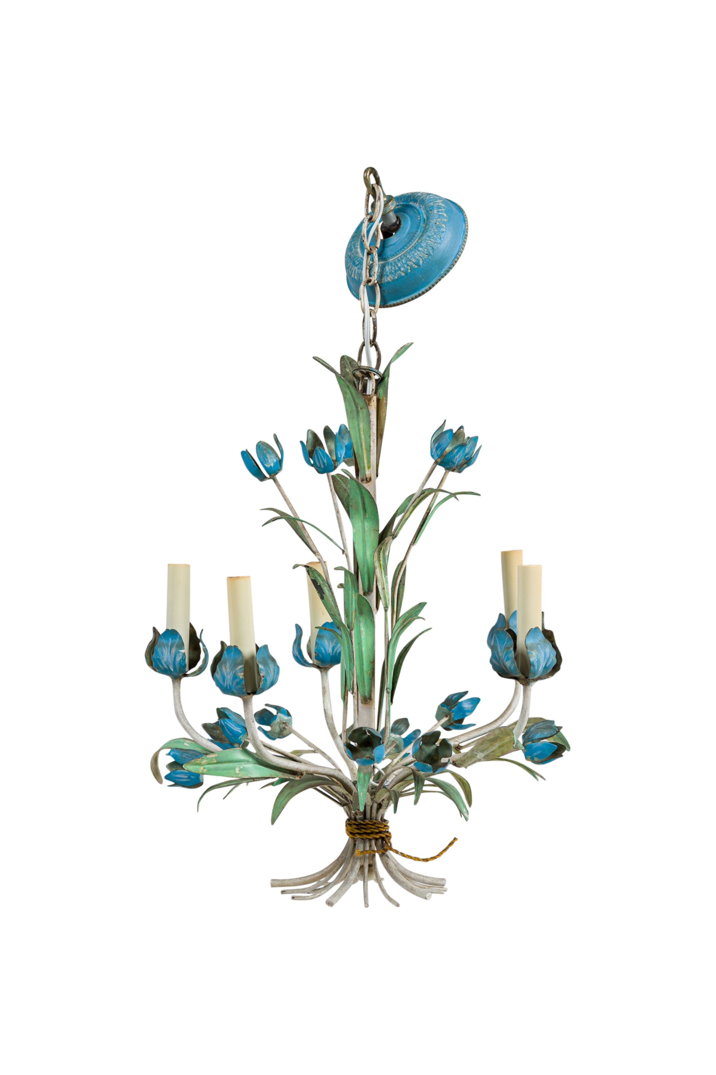 Italian rococo style blue tulips tole chandelier