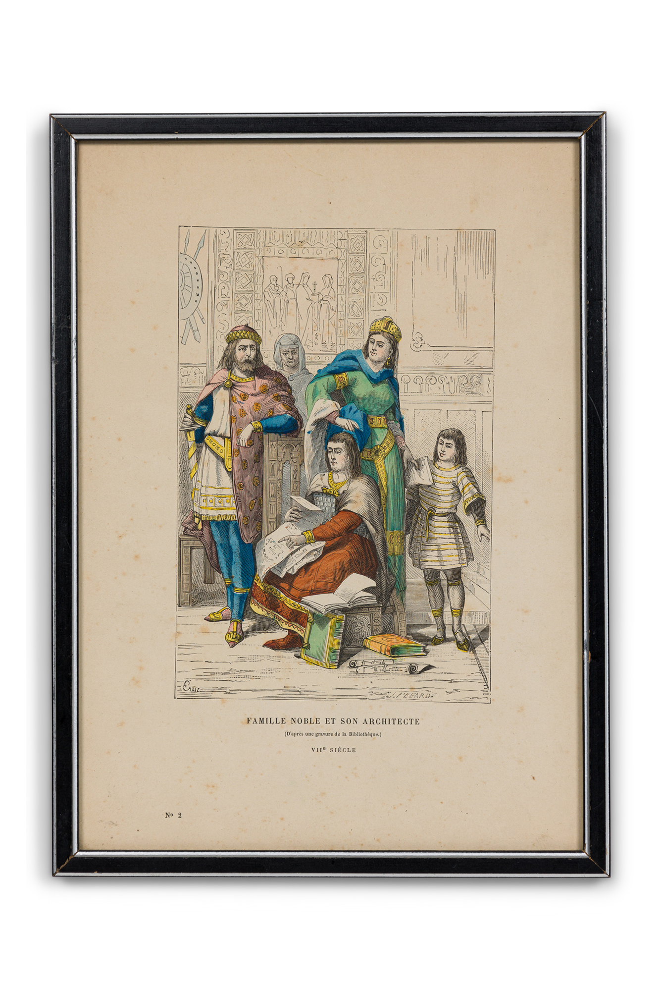 French 19th Century Framed Lithograph of a Parisian Noble family and their architect in Byzantine attire