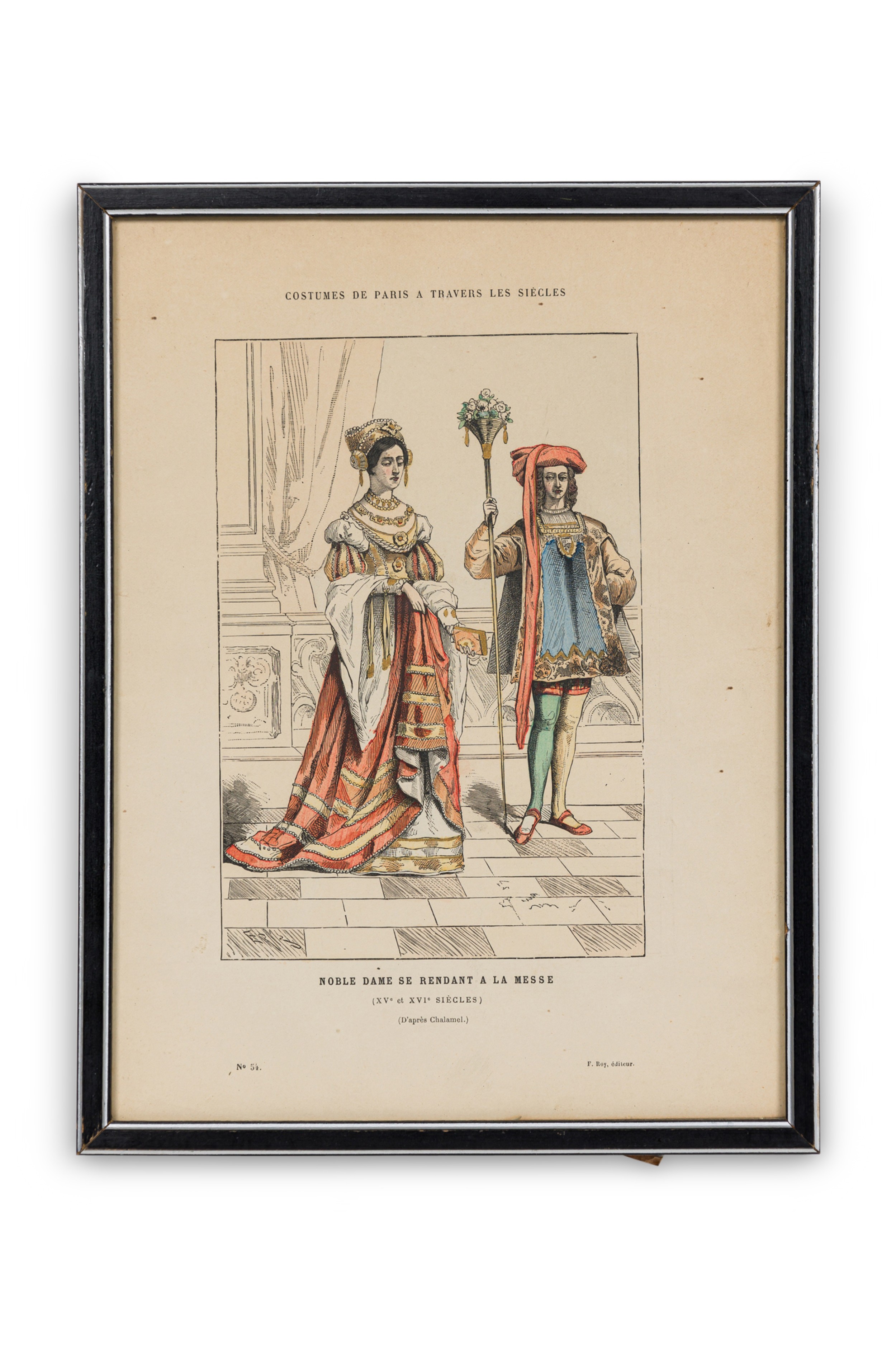 French 19th Century Framed Lithograph of a Parisian Noble Lady in Renaissance Attire