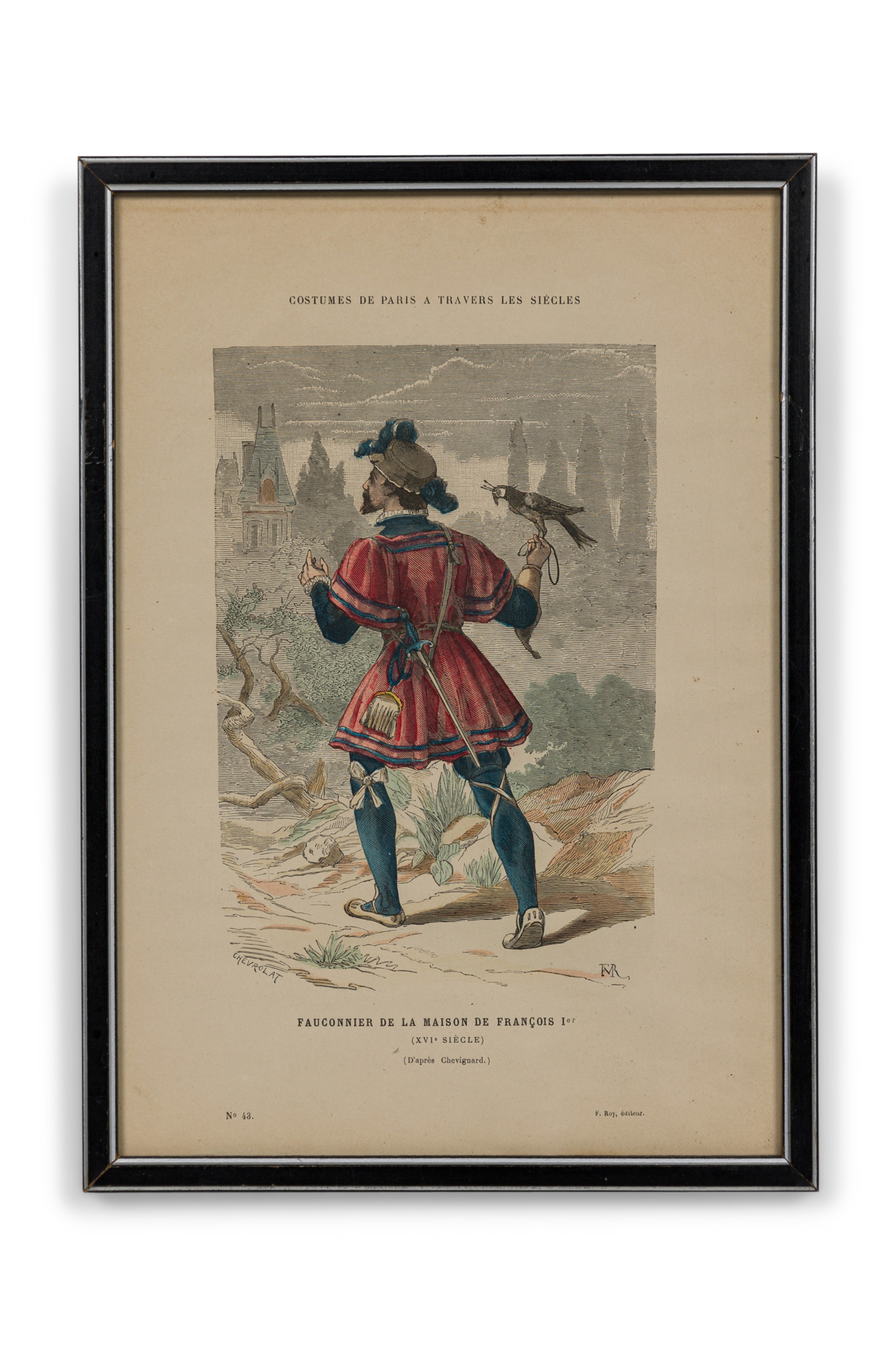 French 19th Century Framed Lithograph of a Falconer of the House of François I in Renaissance Attire