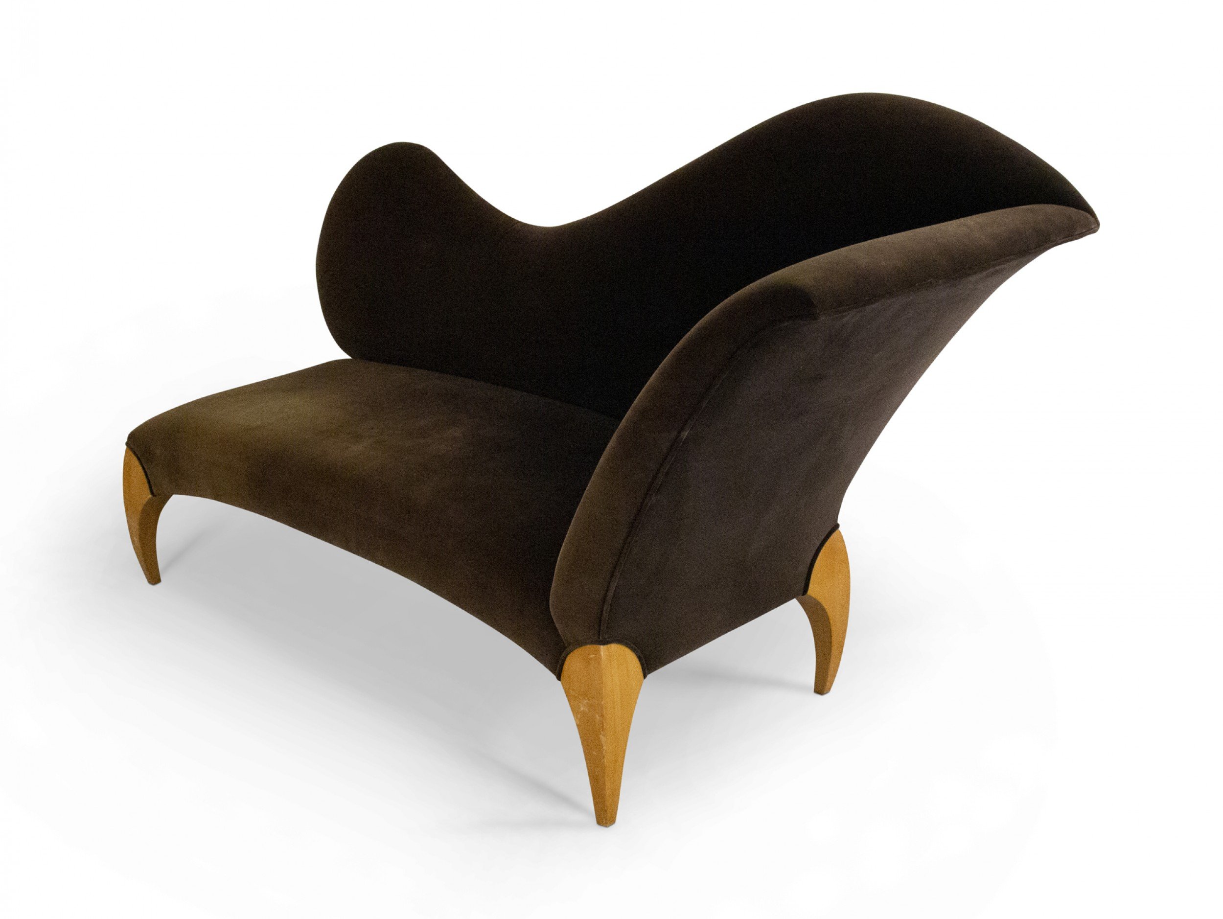 Angelo Donghia Mid Century Asymetrical Brown Velvet and Ash Chaise Lounge