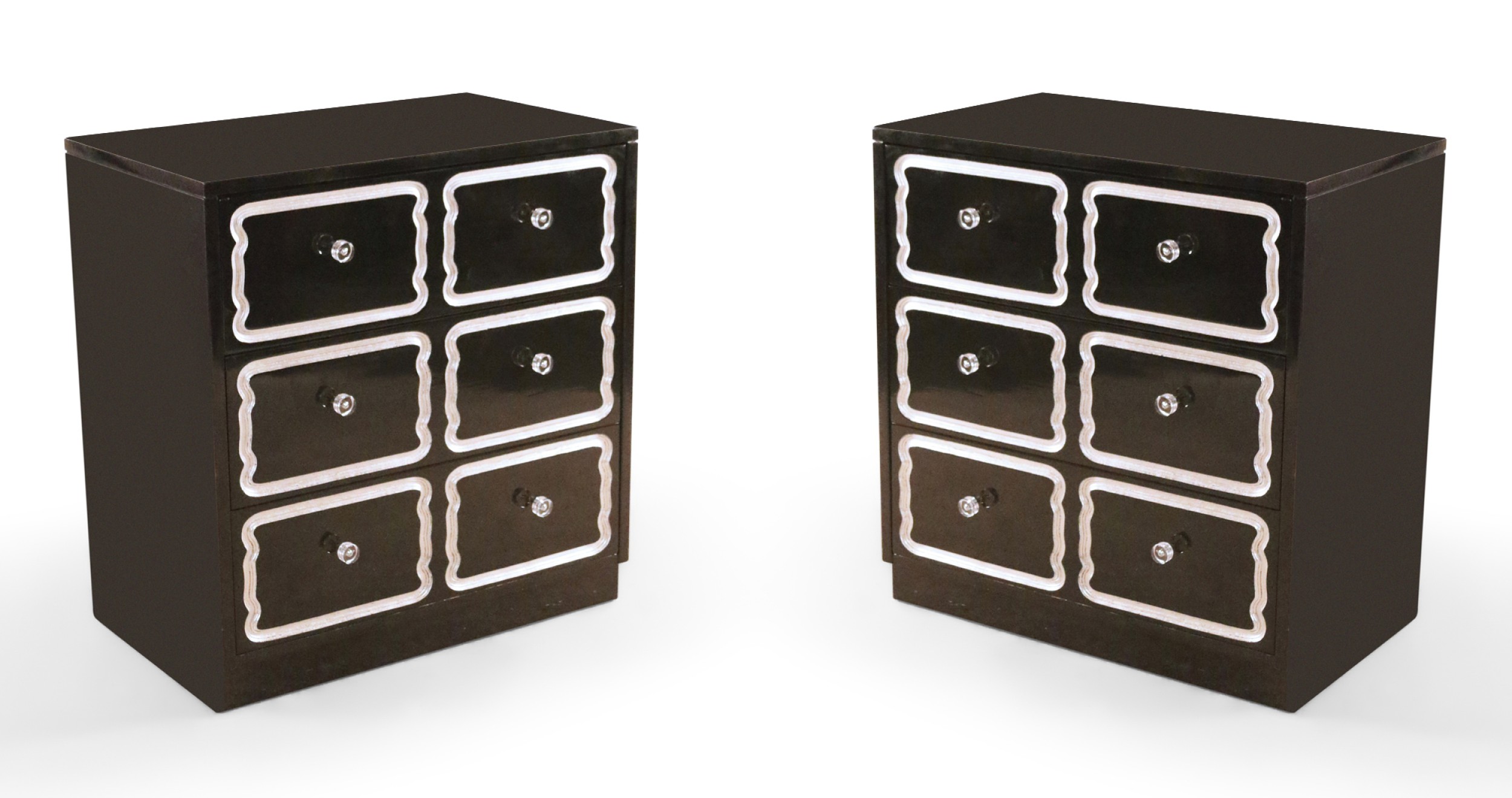 Pair of Mid Century Black Lacquer and Lucite Small Chests of Drawers