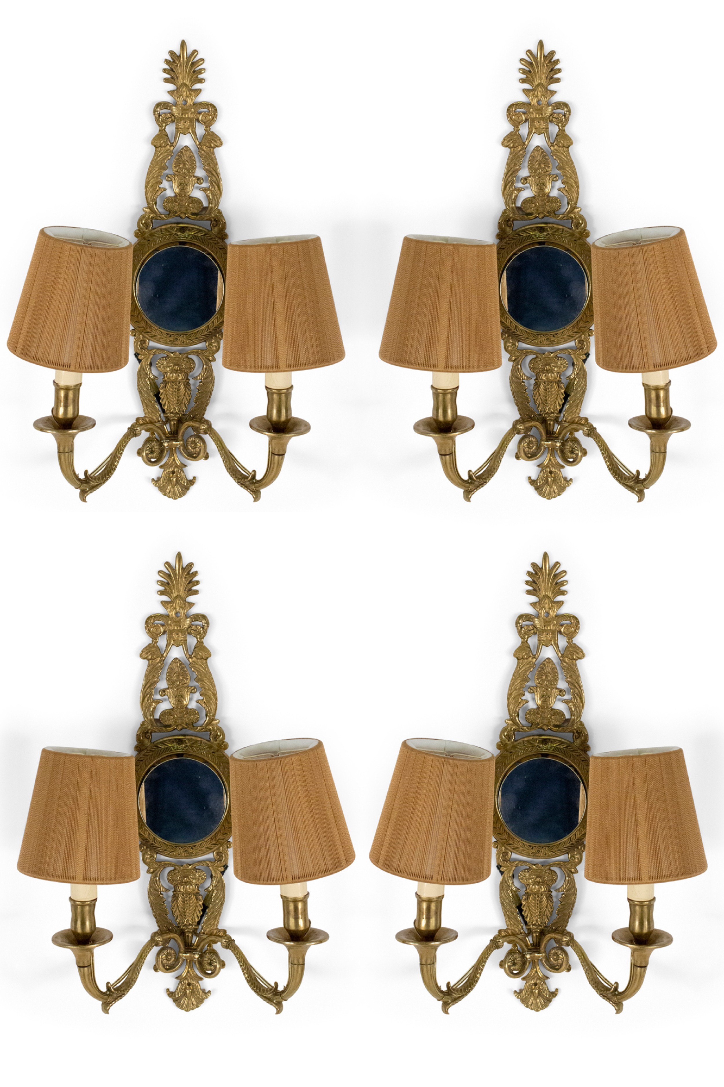 Set of 4 French Mid Century Gilt Metal Mirrored Two Arm Wall Sconces