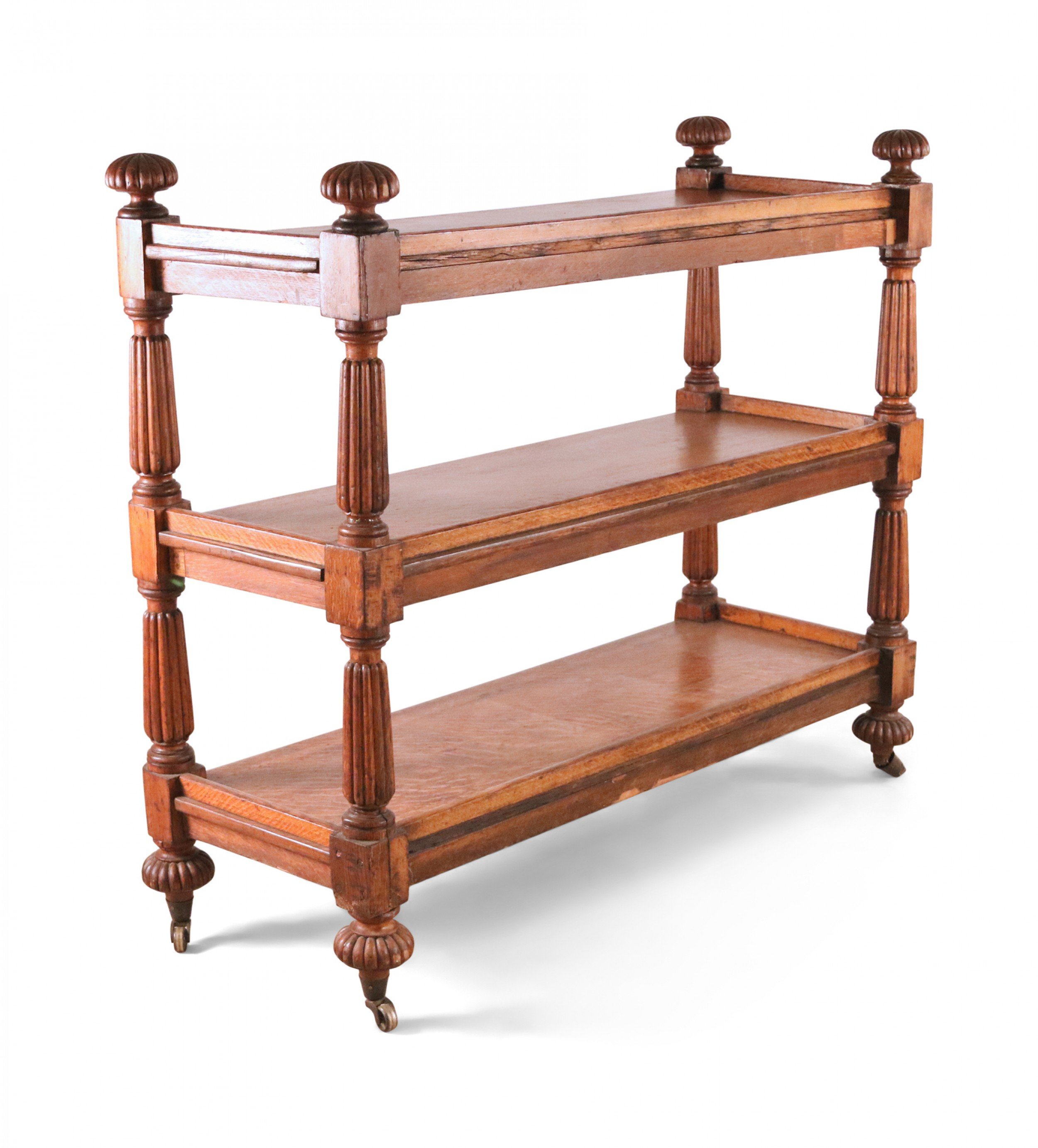 English Regency Oak Ball Finial Three Shelf Etagere 