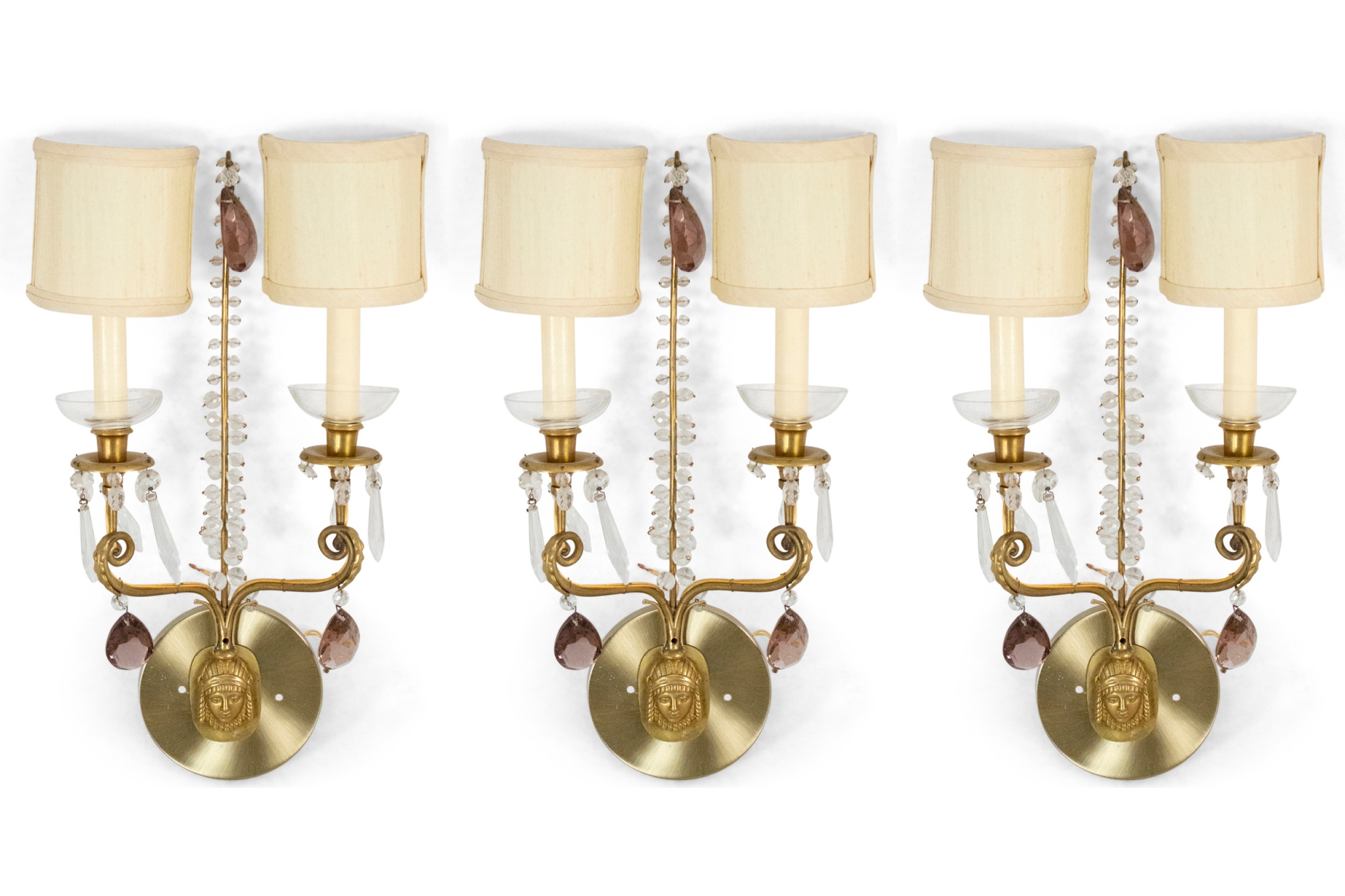 Set of 4 Antique Swedish Mask Design Brass and Crystal Wall Sconces