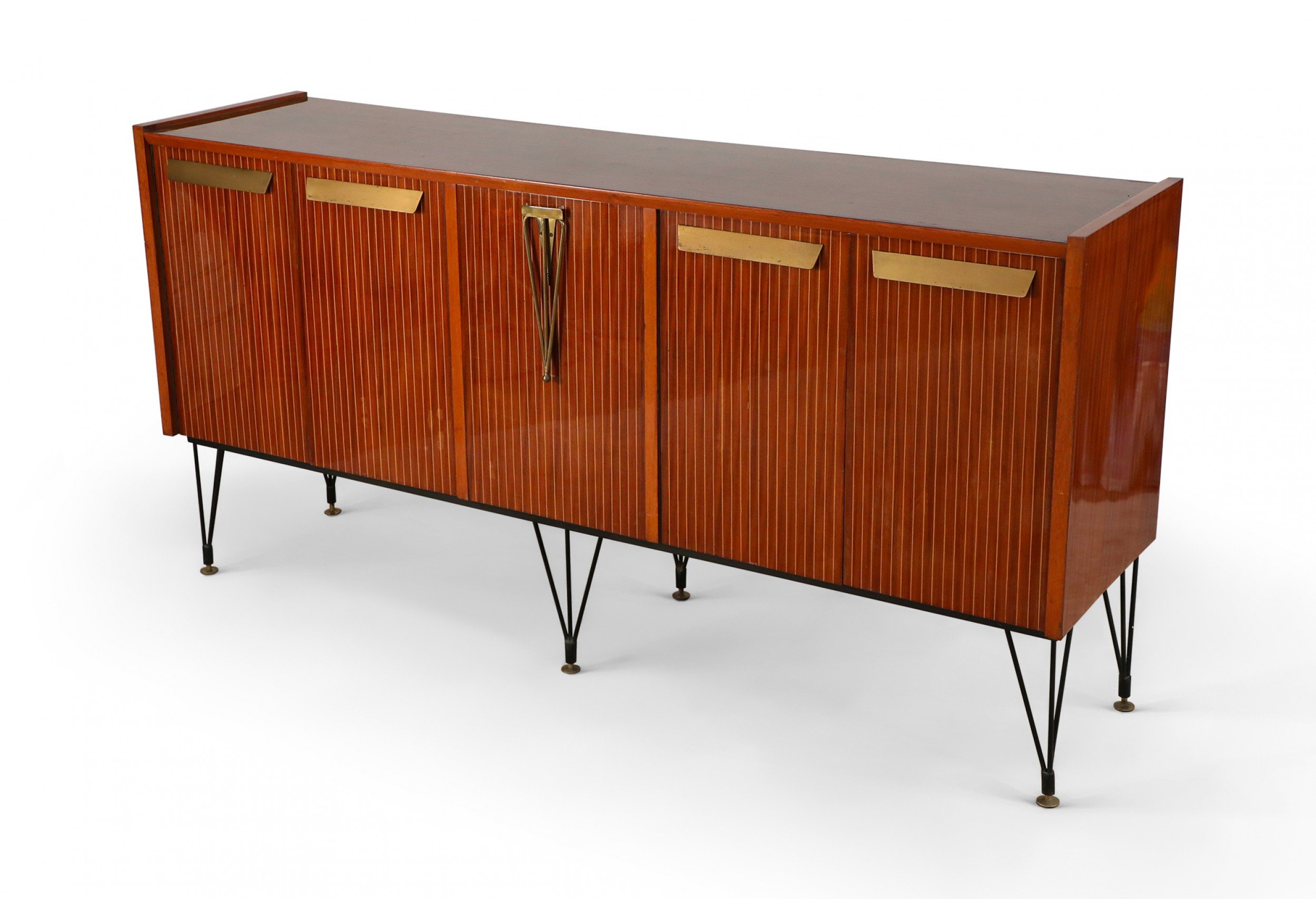 Italian mid century striped veneer mahogany and brass sideboard