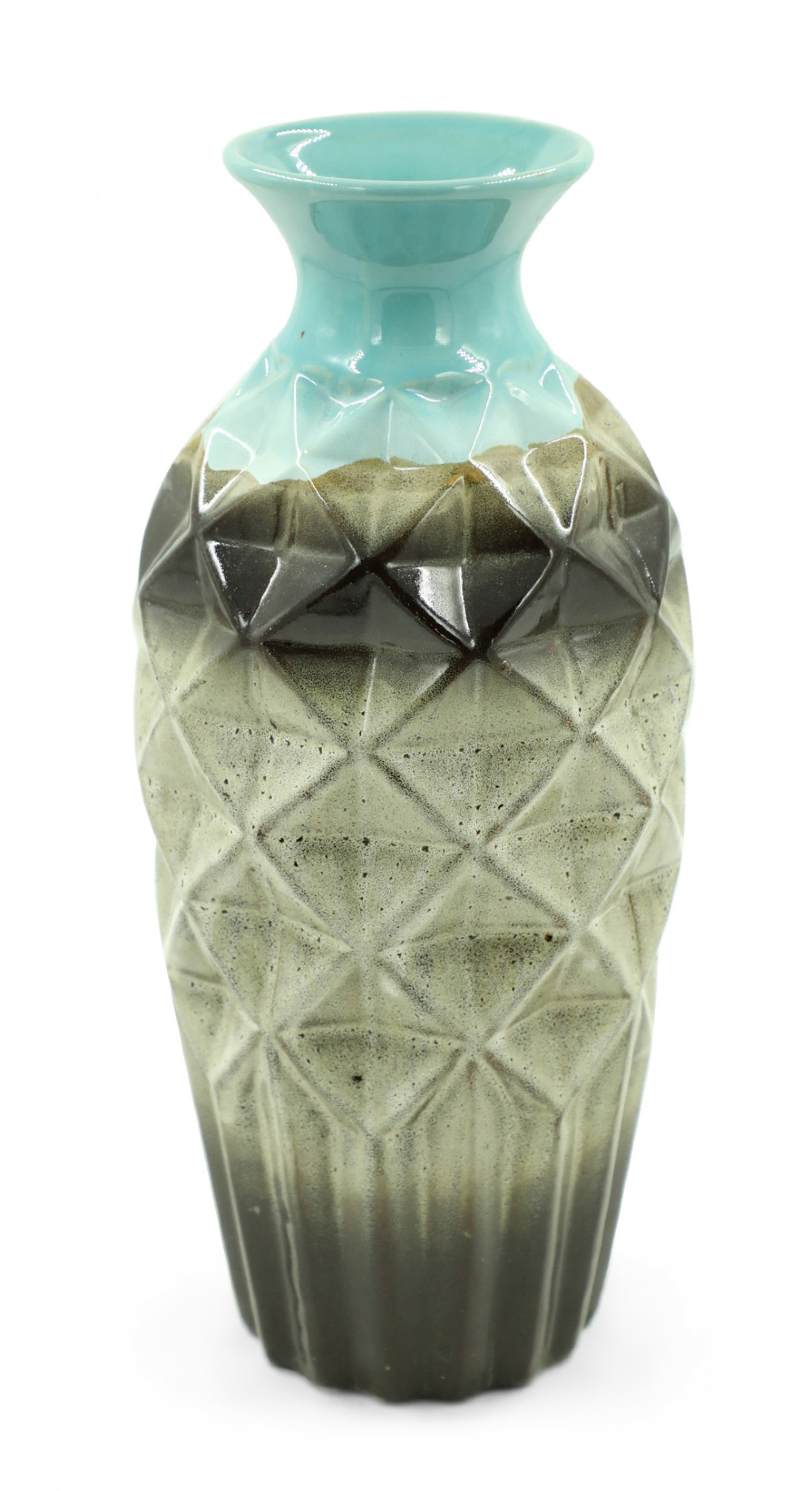 Geometric Faceted and Fluted Rim Blue and Brown Vase