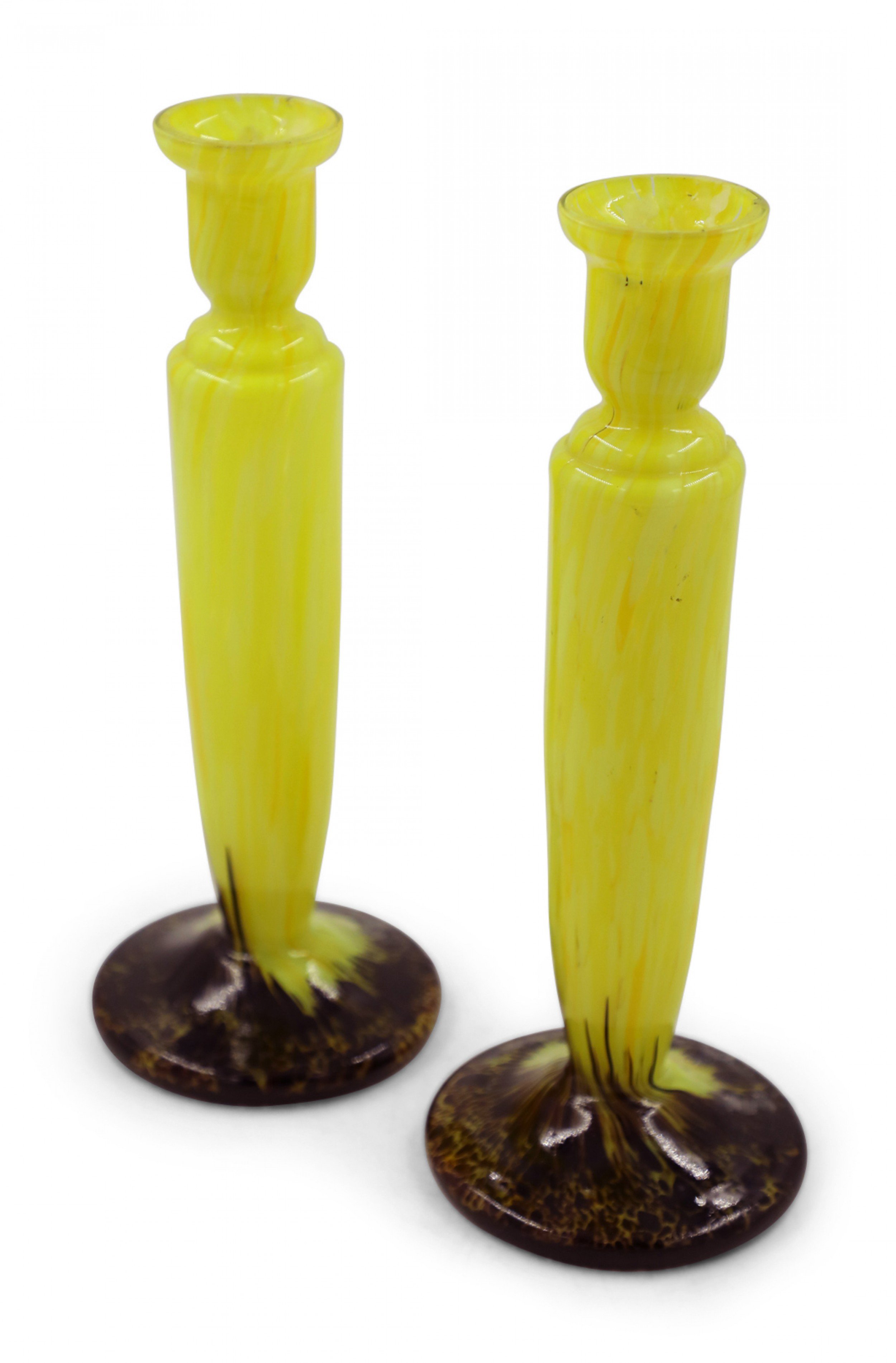 Pair of Yellow and Brown Art Glass Taper Candlesticks
