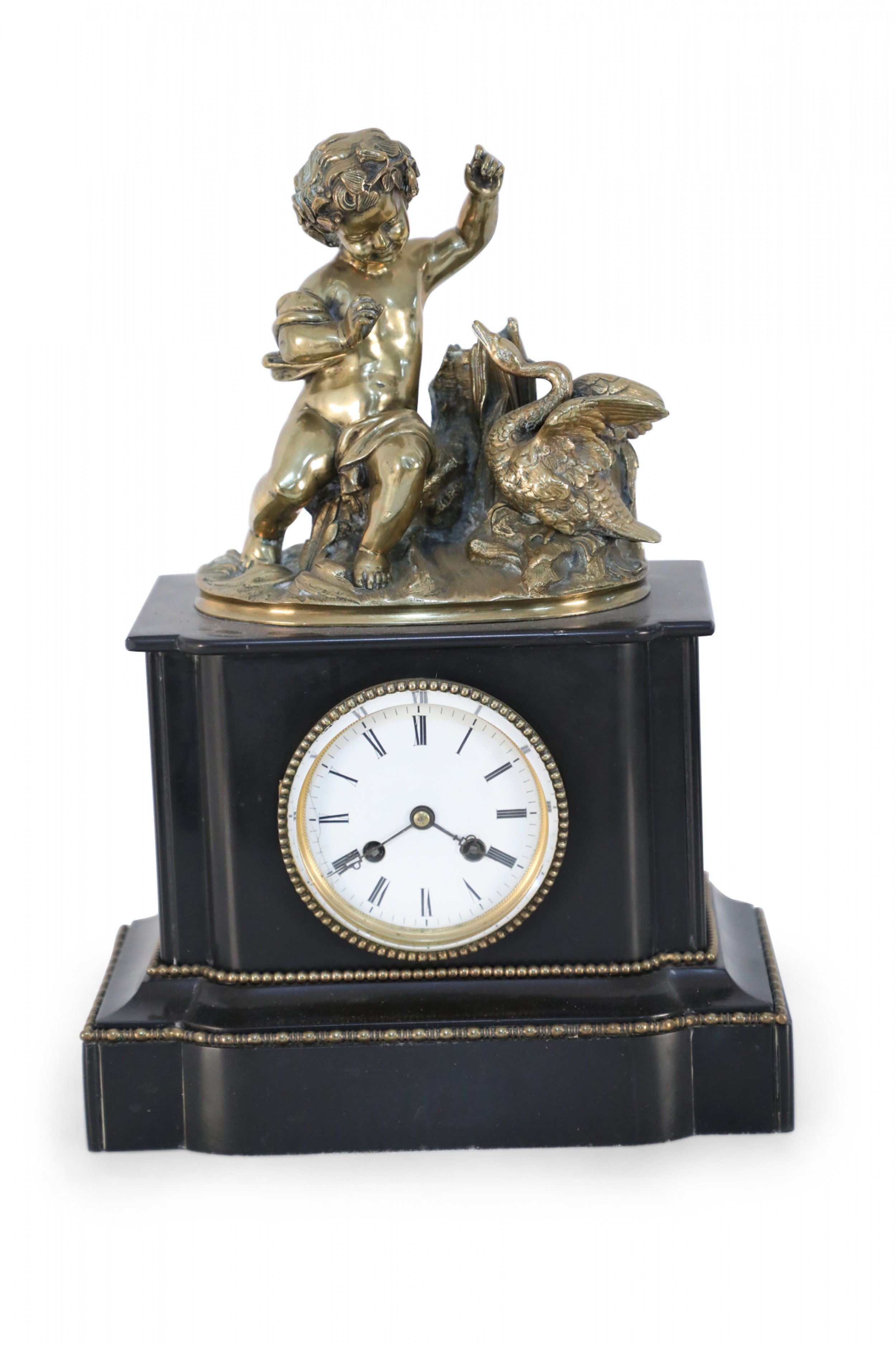 French Victorian Ebonized Allegorical Mantel Clock with Bronze Putti with Swan