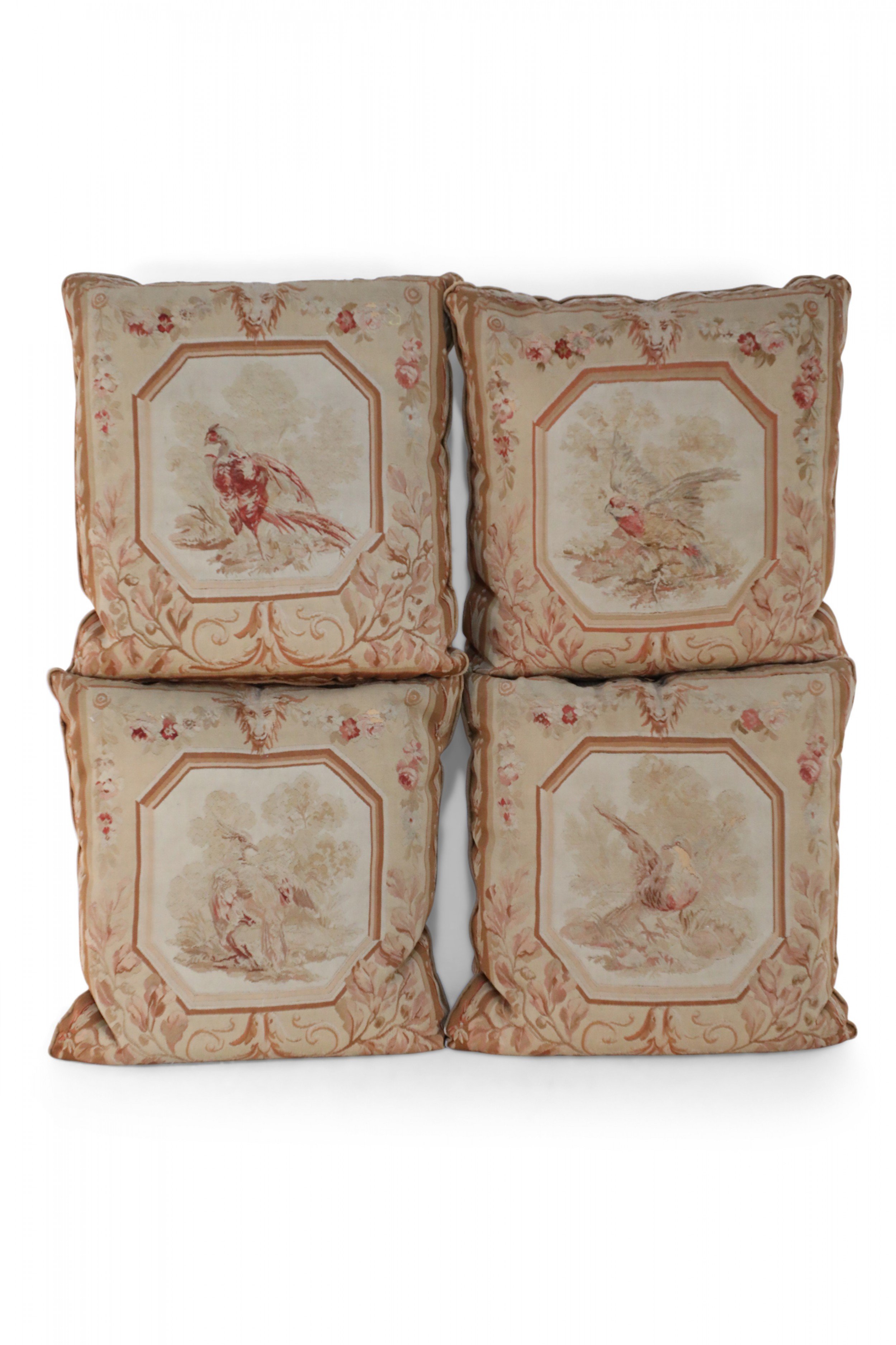 Set of French Victorian Beige Square Aubusson Bird Pillows